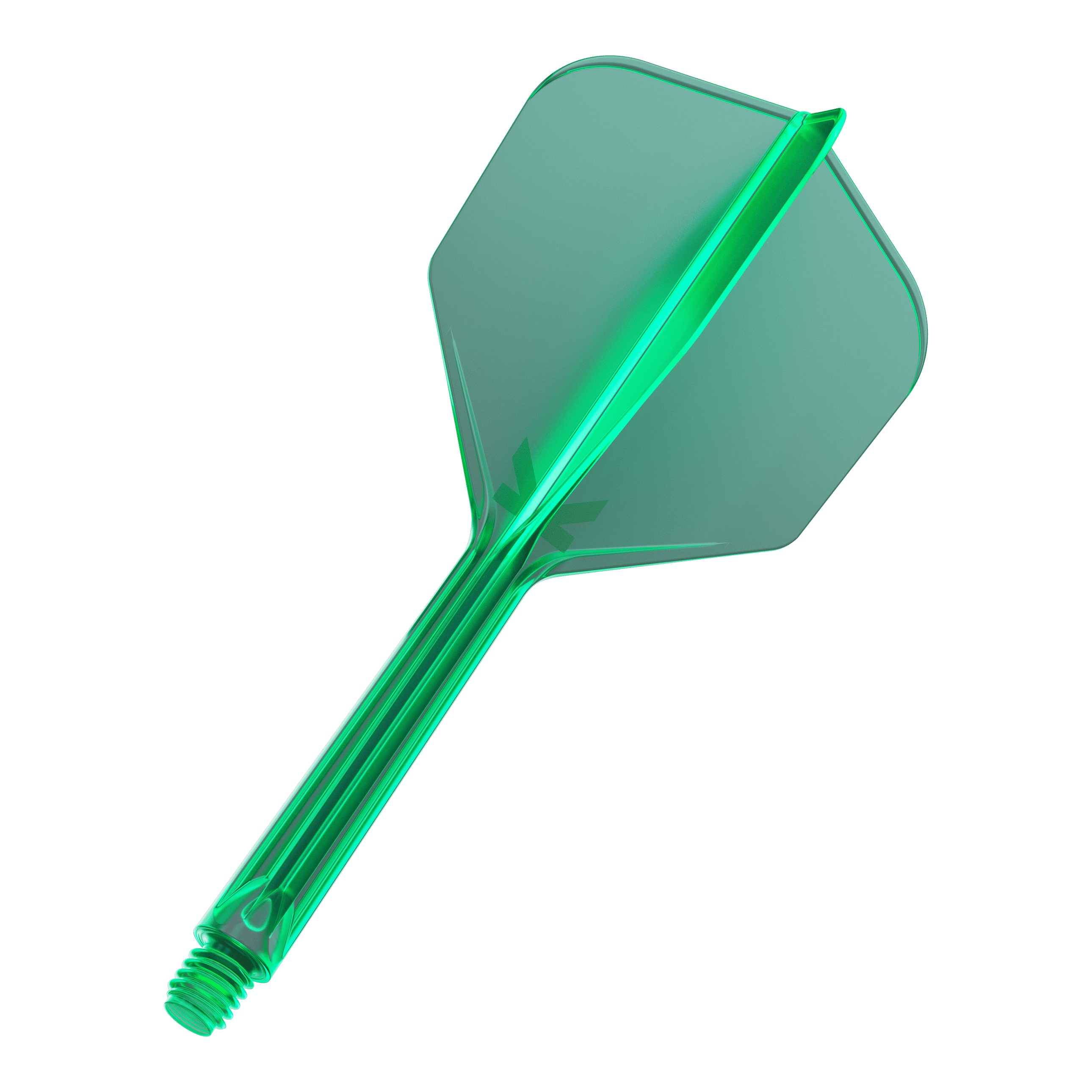 Das Bild zeigt einen grünen Dart-Flügel mit Schaft. Er ist transparent und hat eine Schraubverbindung am unteren Ende.