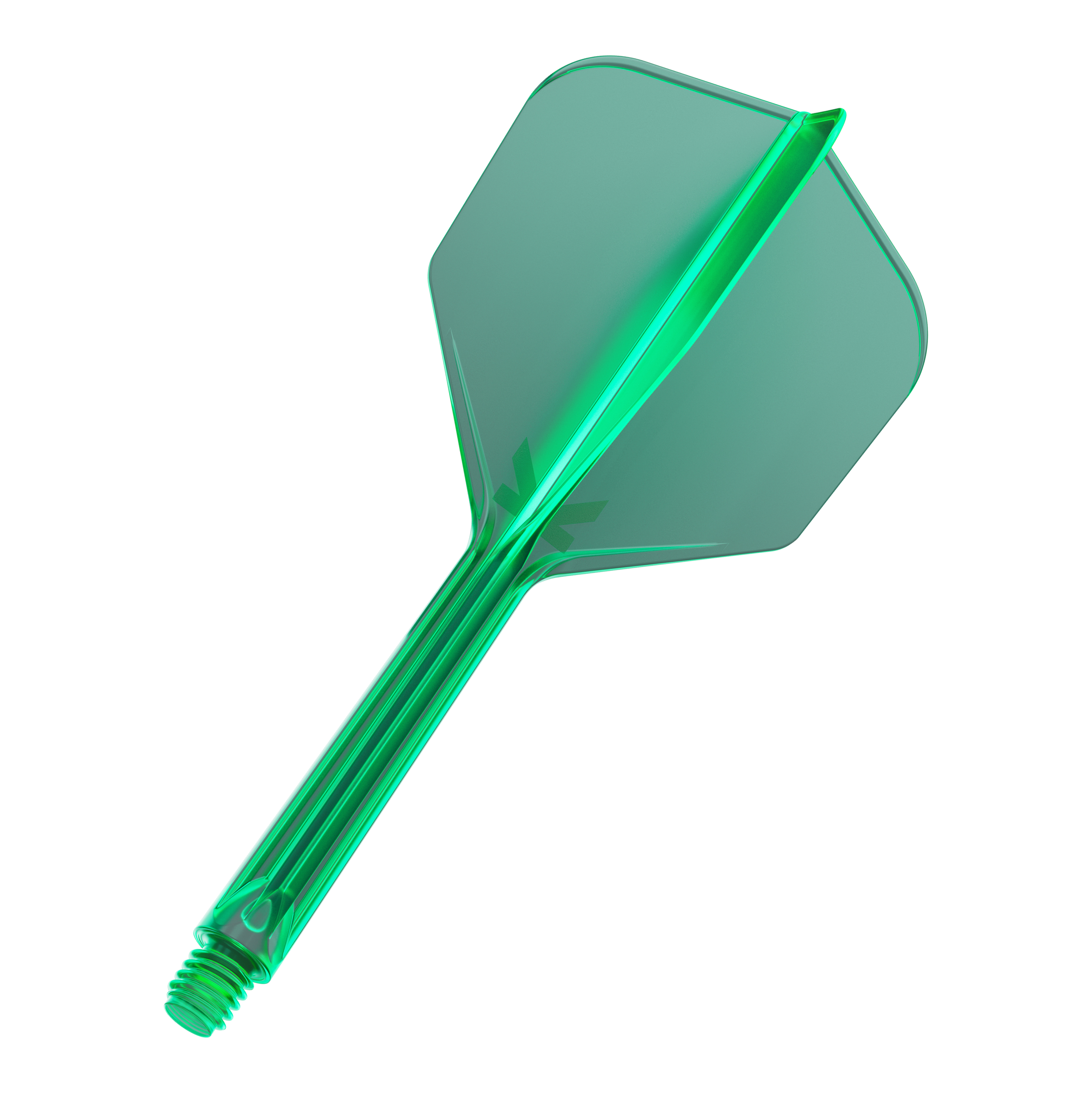 Target K-Flex No6 Flight System - Groen Das Bild zeigt einen grünen Dart-Flügel mit Schaft. Er ist transparent und hat eine Schraubverbindung am unteren Ende.