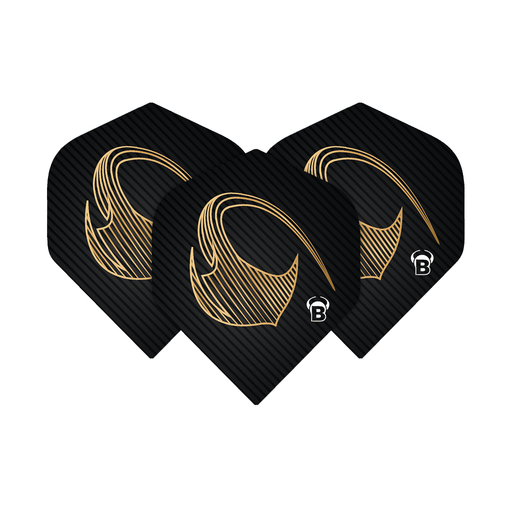 Bulls Metrixx Stingray No2 Standaard Vluchten Das Bild zeigt drei schwarze Dart-Flights mit einem goldenen Muster und dem Buchstaben "B" in der Ecke. Es handelt sich um die Bulls Metrixx Stingray No2 Standard Flights.