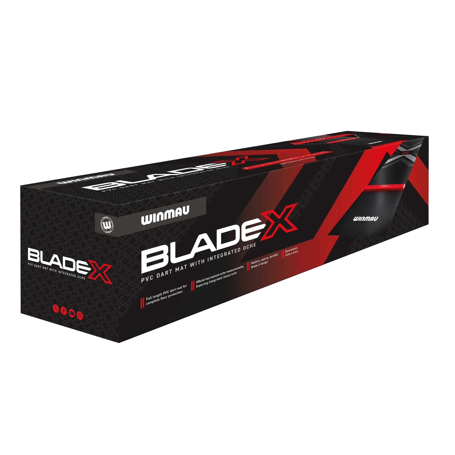 Dieses Bild präsentiert die Winmau Blade X PVC Dartmatte. Sie bietet festen Halt und verhindert Schäden am Boden beim Dartspielen.