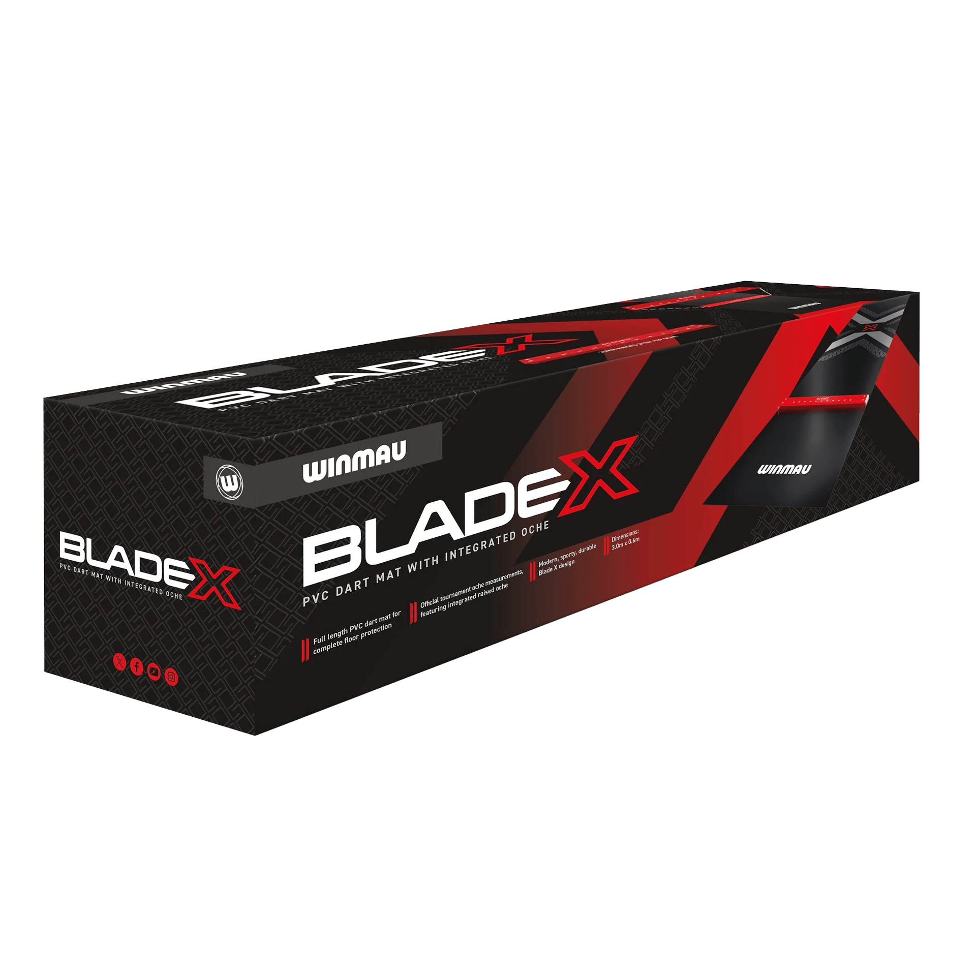Winmau Blade X PVC dartmat Dieses Bild präsentiert die Winmau Blade X PVC Dartmatte. Sie bietet festen Halt und verhindert Schäden am Boden beim Dartspielen.