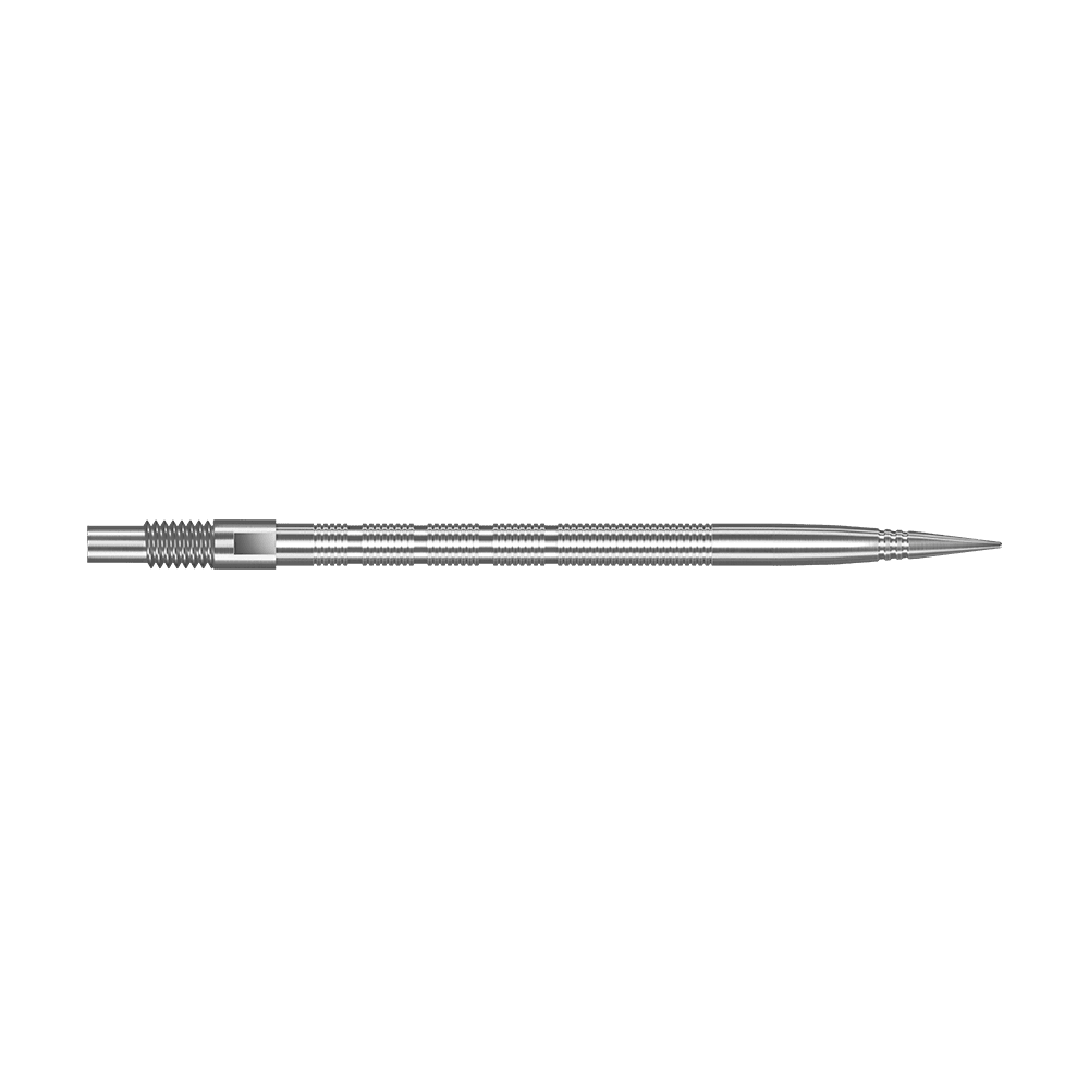 Harrows Quick Point Micro Ridge Dart Tips - Zilver Abgebildet sind silberne Harrows Quick Point MicroRidge Dartspitzen mit einer Länge von 40 mm. Die Spitzen liegen nebeneinander auf dem Bild.