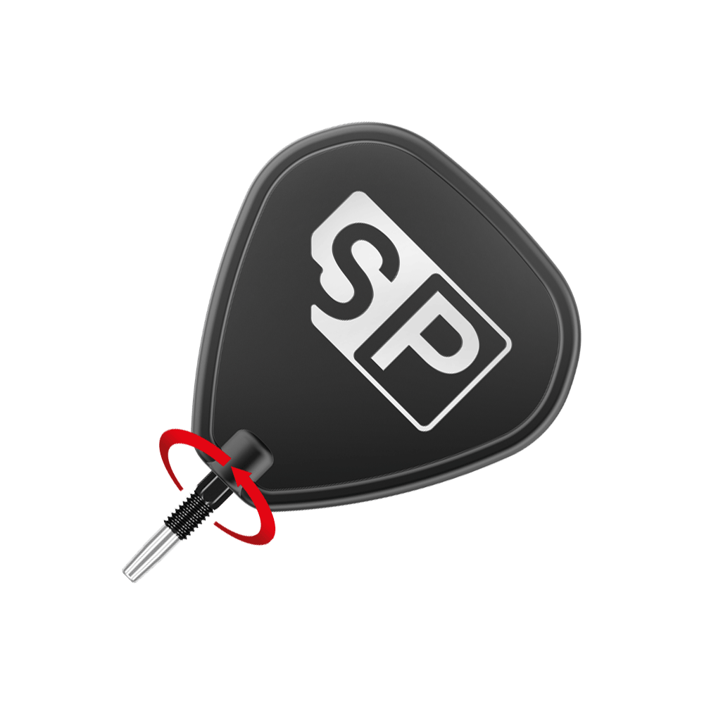 Target Swiss Point Nano Dartpunten - Zwart Das Bild zeigt eine schwarze Dartspitze mit einem weißen "SP"-Logo darauf. Ein roter Pfeil deutet auf eine Drehbewegung am unteren Teil der Spitze hin.