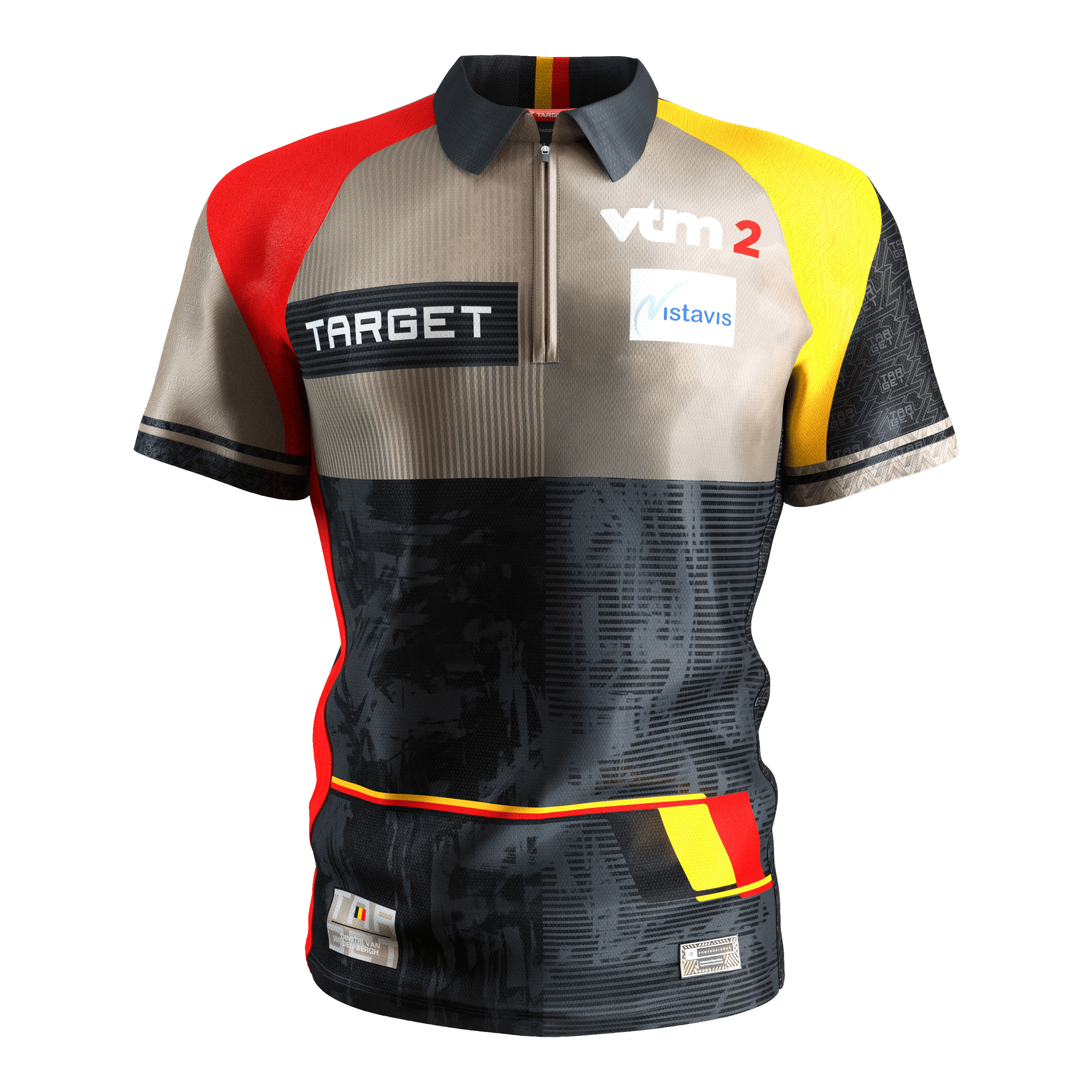 Das Bild zeigt das "Target Coolplay Dimitri Van Den Bergh 2025 Dartshirt". Das Shirt ist bunt gestaltet mit den Farben Schwarz, Rot, Gelb und Beige und trägt mehrere Sponsorenlogos.