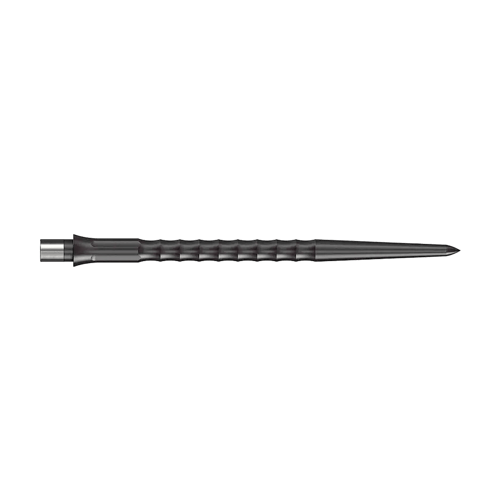 Caliburn System Steeldart Tips - Ripple - NoLip - Zwart Das Bild zeigt Steeldartspitzen des Caliburn Evo Systems in Schwarz, 40 mm lang. Zwei Spitzen sind sichtbar, die Oberfläche ist geriffelt ohne Lippe.
