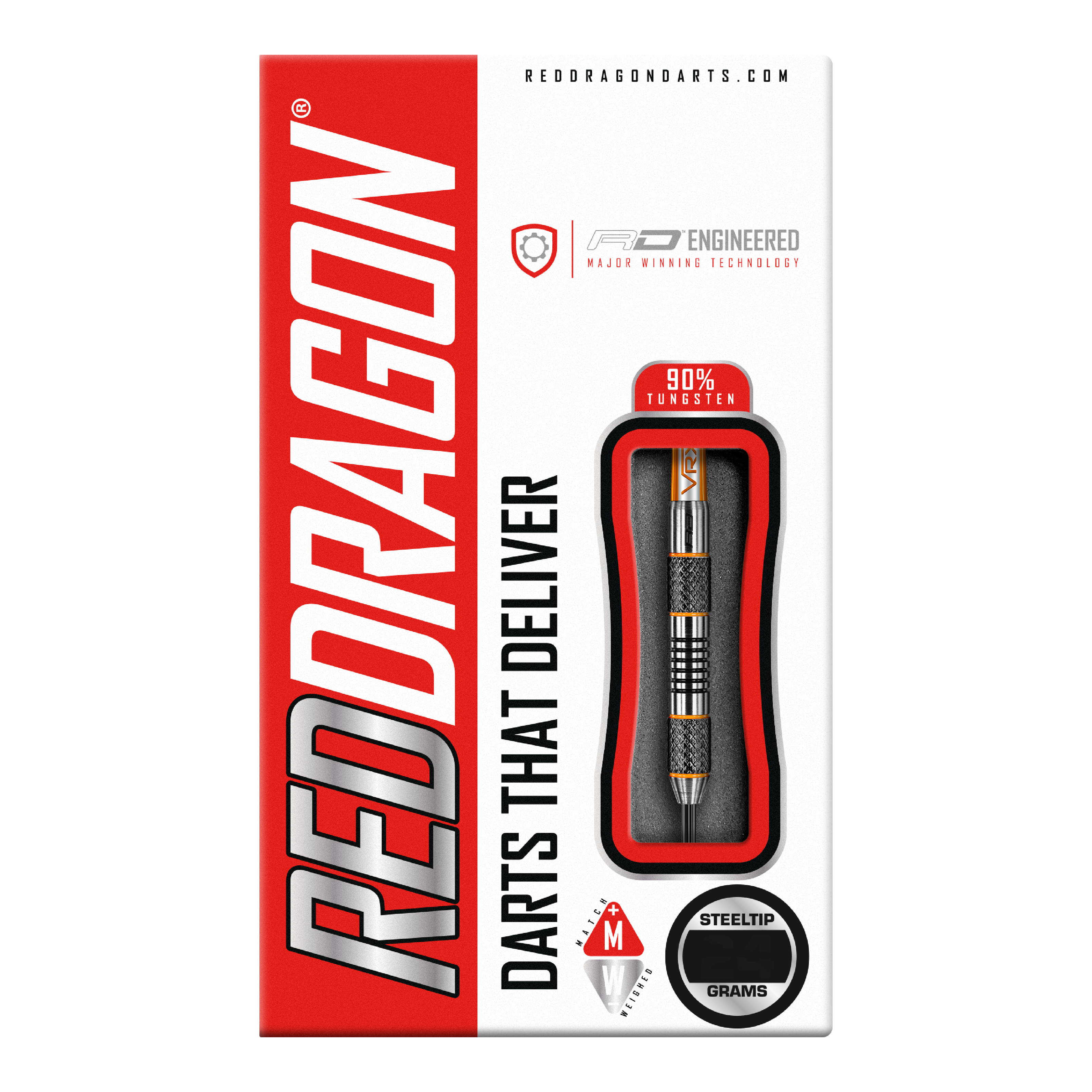 Red Dragon Amberjack 5 stalen darts - 24g Die Abbildung zeigt die Verpackung der "Red Dragon Amberjack 5 Steeldarts - 24g". Auf der Packung sind ein sichtbarer Dartpfeil und die Aufschrift "Darts That Deliver" zu sehen.