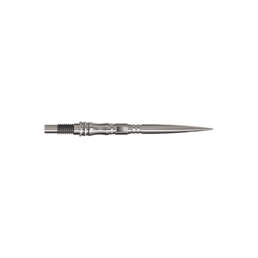 Harrows Quick Point Apex Axis Elite Series Dartspitzen - Silber Apex Axis Silver Elite Serie Dartspitzen in 30mm werden gezeigt. Sie sind silberfarben und lang.