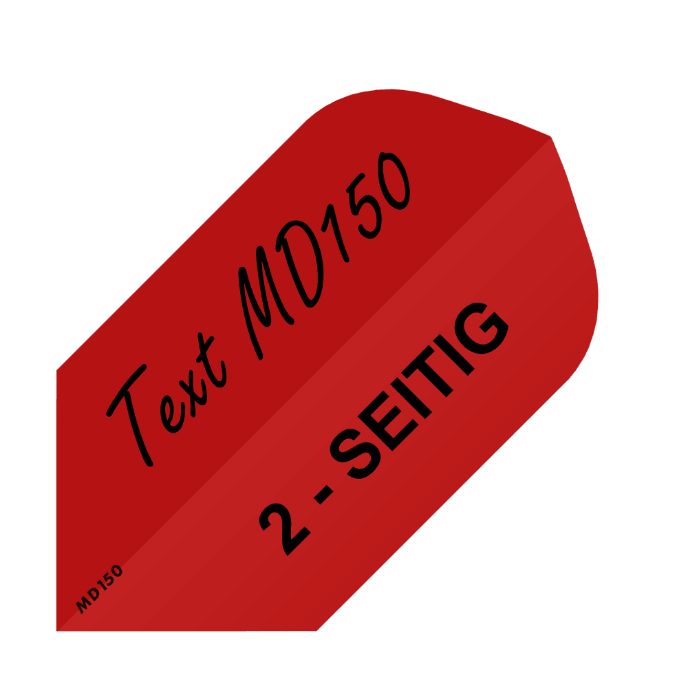 MD-257_2-Seitig_Bedruckte_Flights_Wunschtext_MD150_Rot_Slim_1 Das Bild zeigt ein rot gefärbtes Dart-Flight mit schwarzer Aufschrift. Darauf steht „Text MD150“ und „2 - SEITIG“.