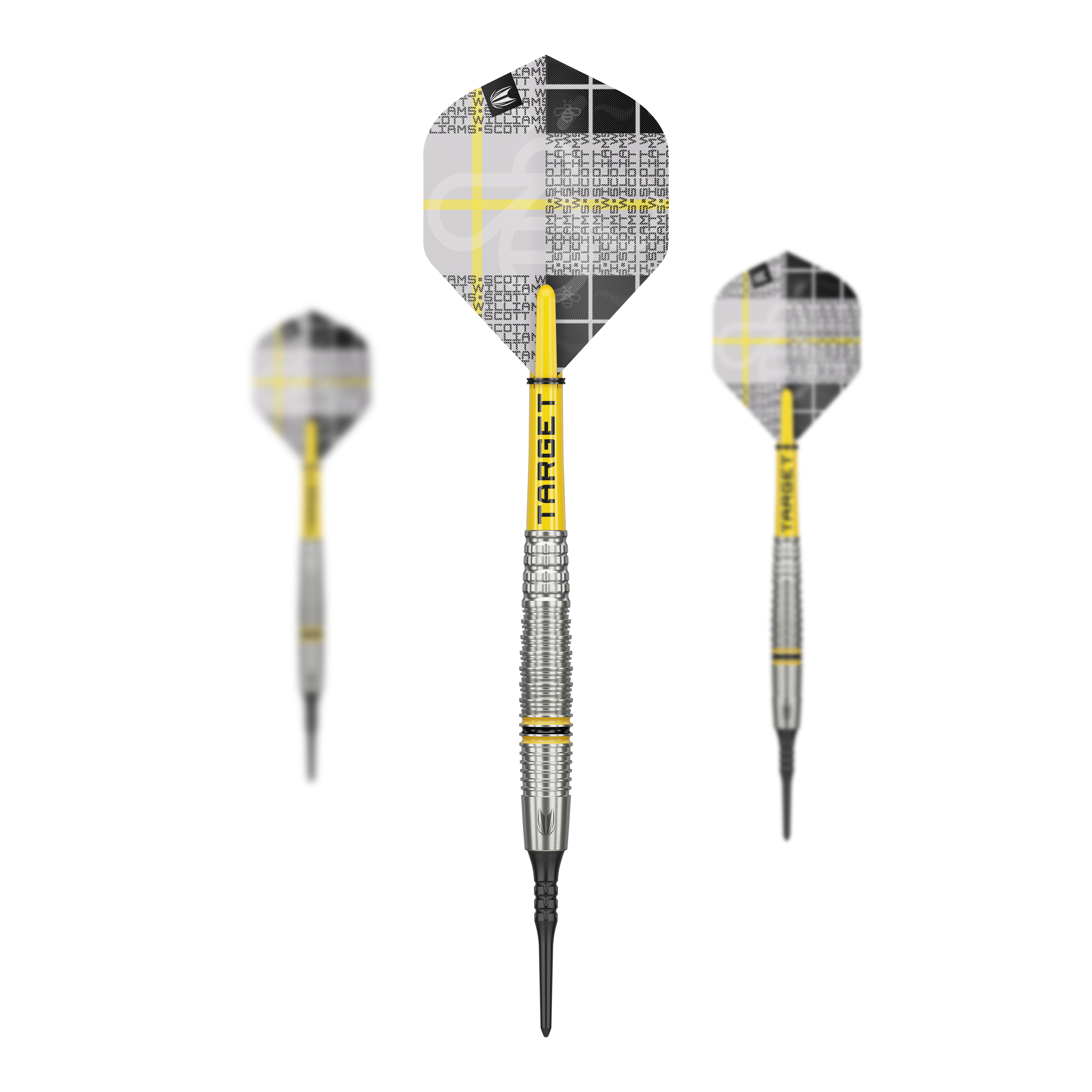 Target Scott Williams GEN2 zachte darts - 18g Das Bild zeigt drei Softdarts des Modells "Target Scott Williams GEN2" mit einem Gewicht von 18g. Die Darts haben gelb-silberne Schächte und moderne Flights mit einem schwarz-weißen Muster.