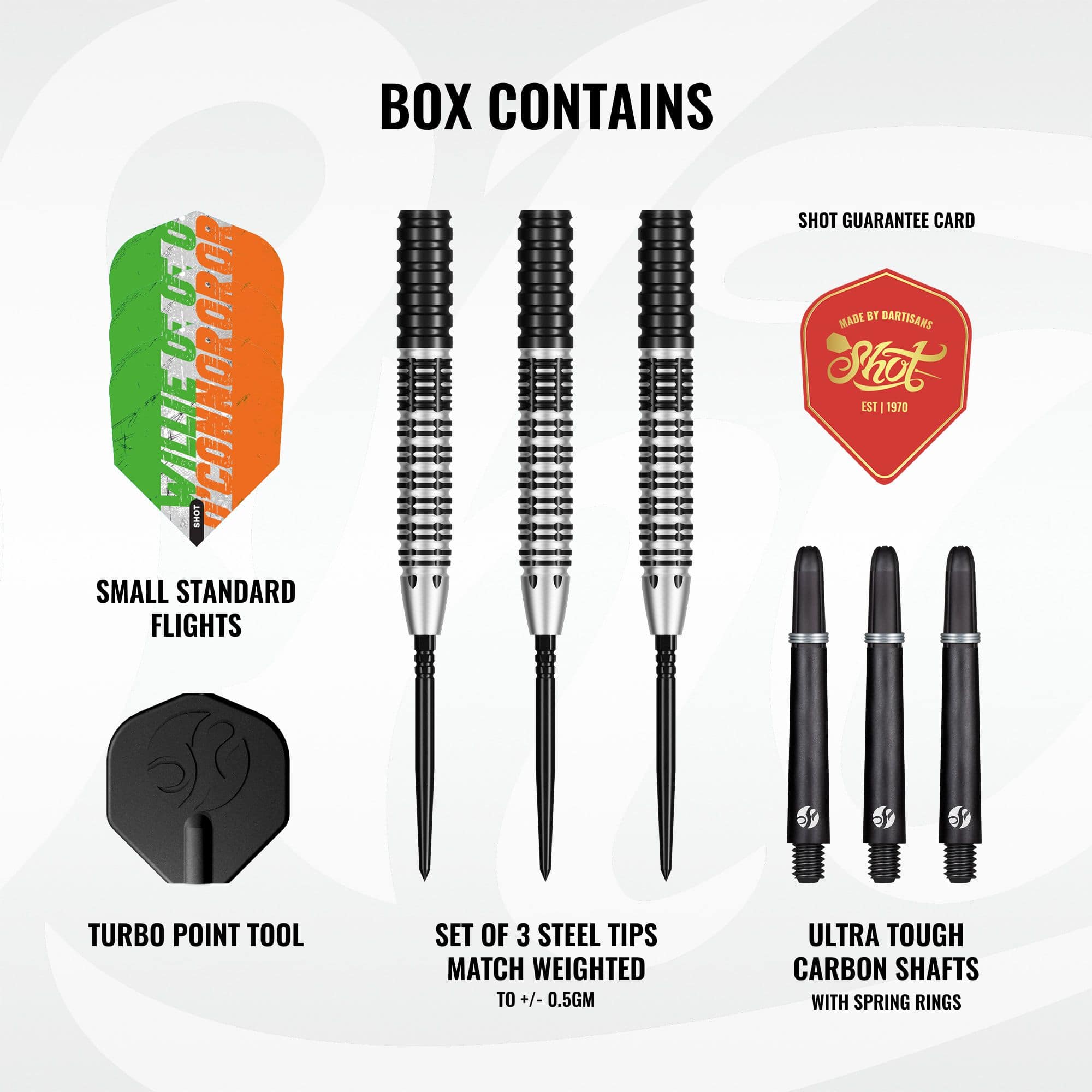 Shot Pro Series Willie O'Connor Magpie Turbo Point Steeldarts Das Bild zeigt mehrere Shot Pro Series Willie O'Connor Magpie Steeldarts. Die Darts sind nebeneinander angeordnet.