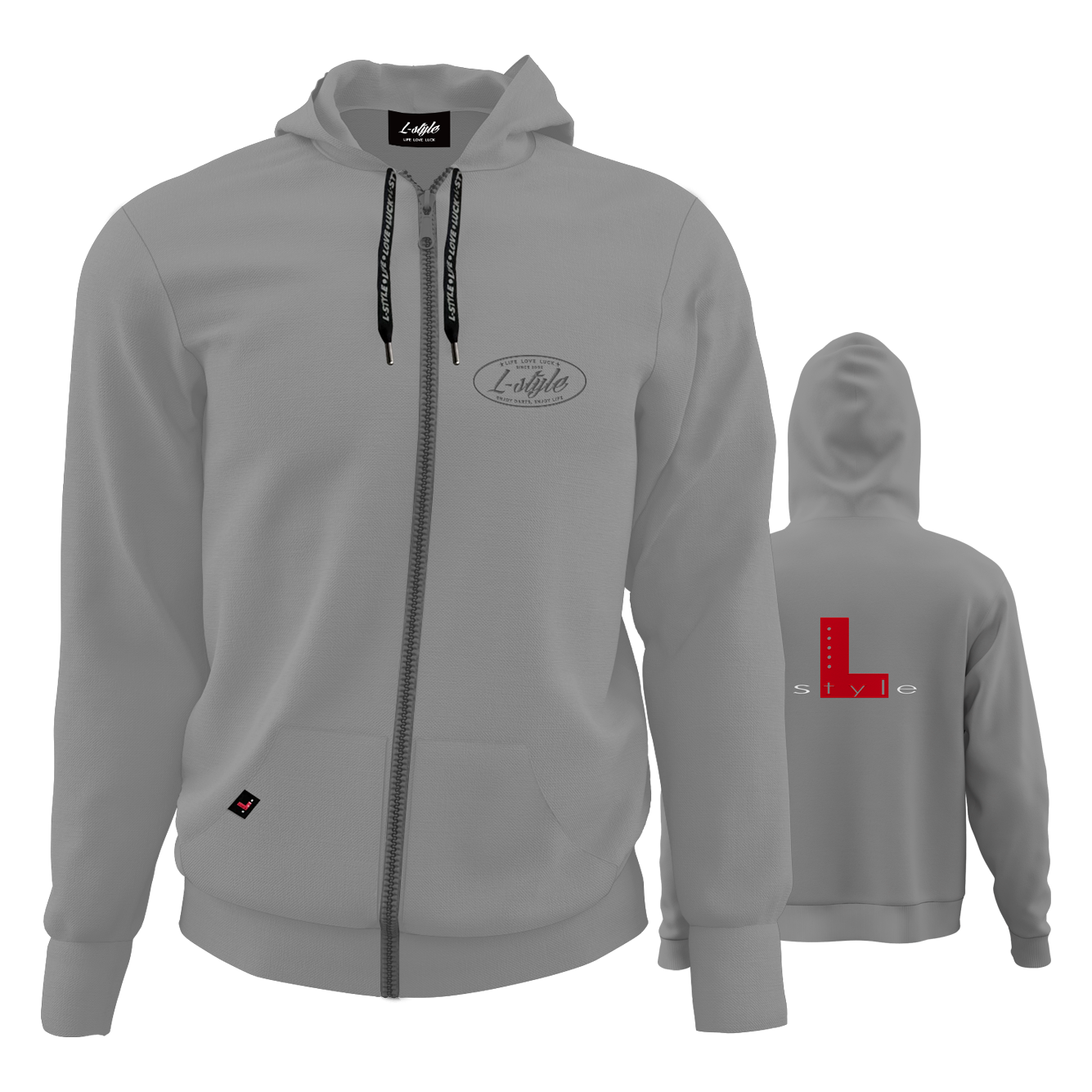 L-Style hoodie - grijs Der "L-Style Hoodie - Grau" ist ein grauer Kapuzenpullover mit Reißverschluss und schwarzem Kordelzug. Auf der Vorderseite befindet sich ein dezentes Logo, auf dem Rücken ein großes rotes "L" mit dem Schriftzug "style".