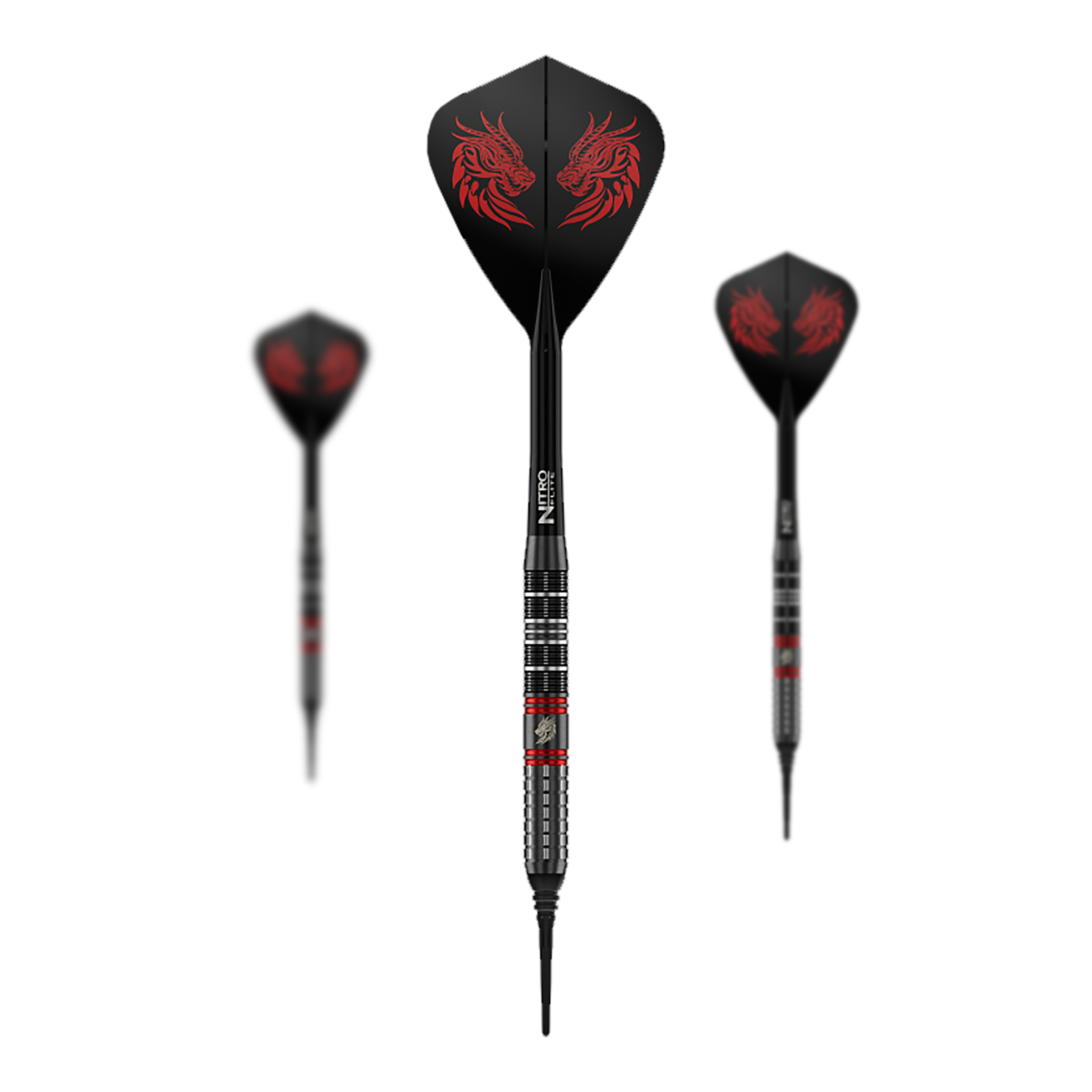 Red Dragon Jonny Clayton RD-ULTRA softdarts - 18 g Zu sehen ist ein Set der Red Dragon Jonny Clayton RD-ULTRA Softdarts mit 18g Gewicht. Die drei Darts haben schwarze, silberne und rote Details und sind nebeneinander platziert.