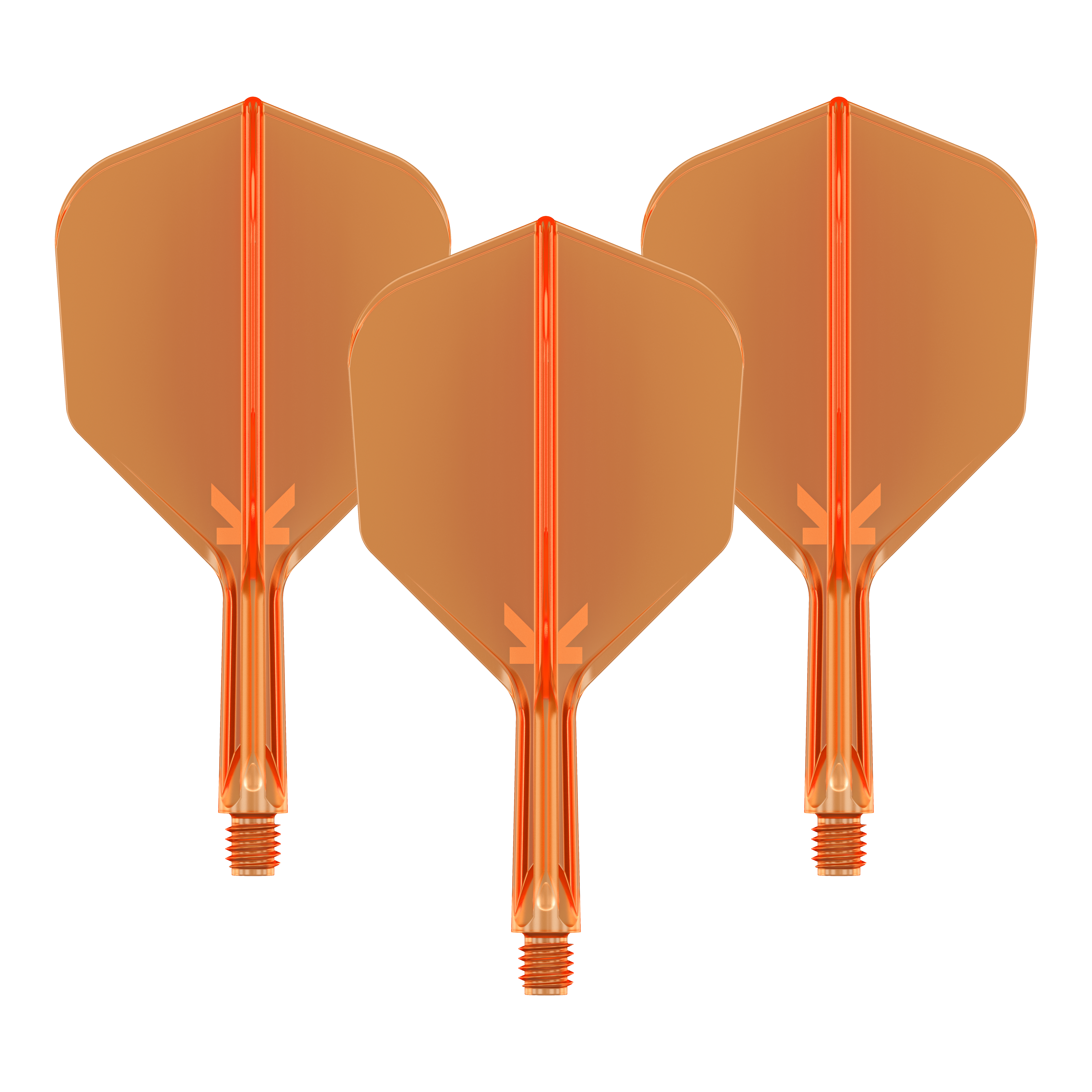 Target K-Flex No6 Vluchtsysteem - Neon Oranje Auf dem Bild sind drei neonorange Darts-Flights mit Schaft zu sehen. Sie sind nebeneinander angeordnet und haben eine transparente Optik.
