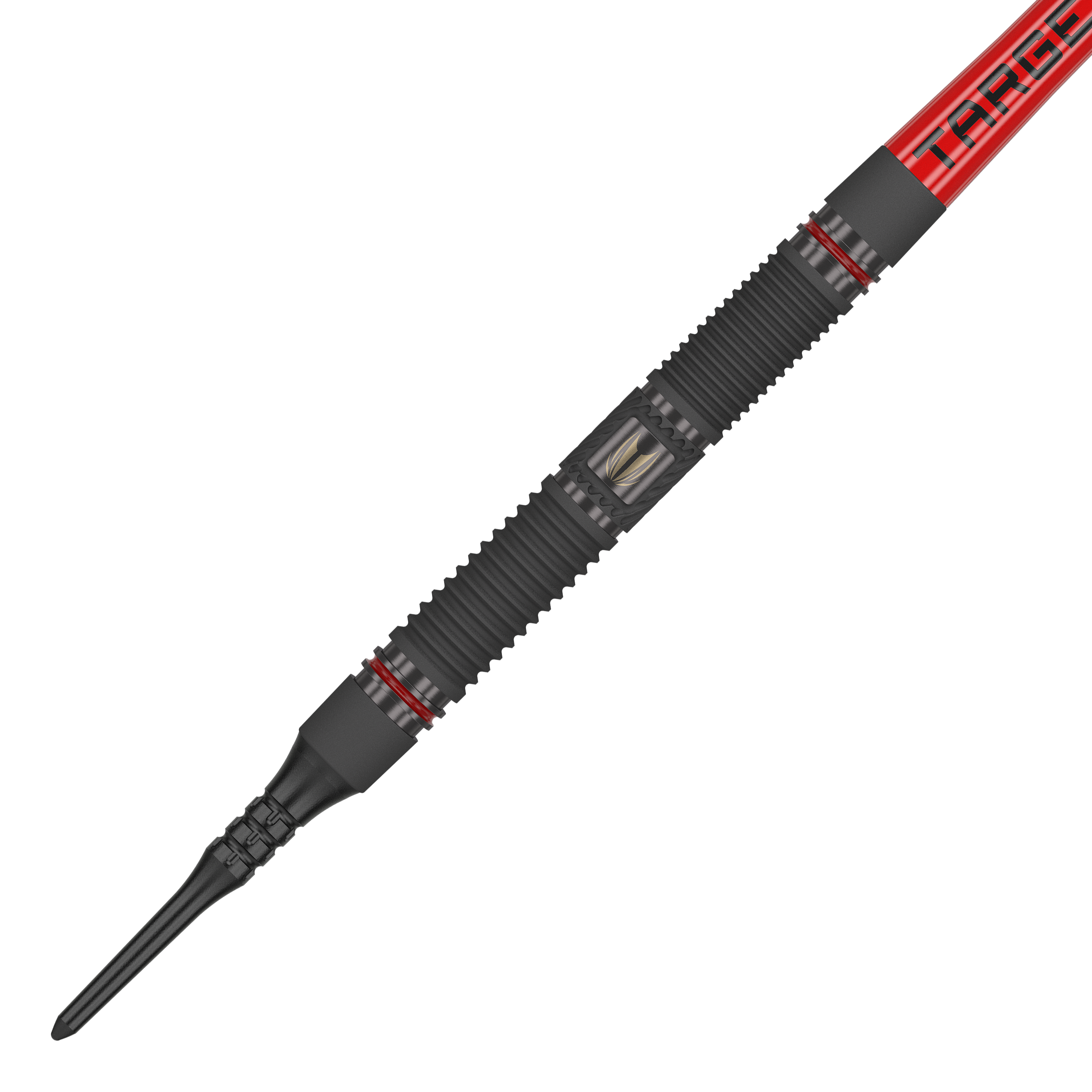 Target Scope 10 zachte pijltjes Das Bild zeigt einen Target Scope 10 Softdart mit einem schwarzen, geriffelten Griff und roten Akzenten. Der Dart hat eine rote Fliege mit der Aufschrift "TARGET".