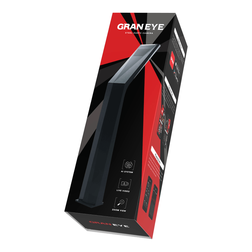 GranDarts Gran Eye GEN2 Steeldart automatisch scoresysteem Das Bild zeigt die Verpackung des Produkts "GranDarts GranEye Steeldart Auto-Scoring-System". Auf der Schachtel sind ein Bild des Geräts sowie Hinweise auf Funktionen wie KI-System, Live-Video und Zoom-Ansicht abgebildet.