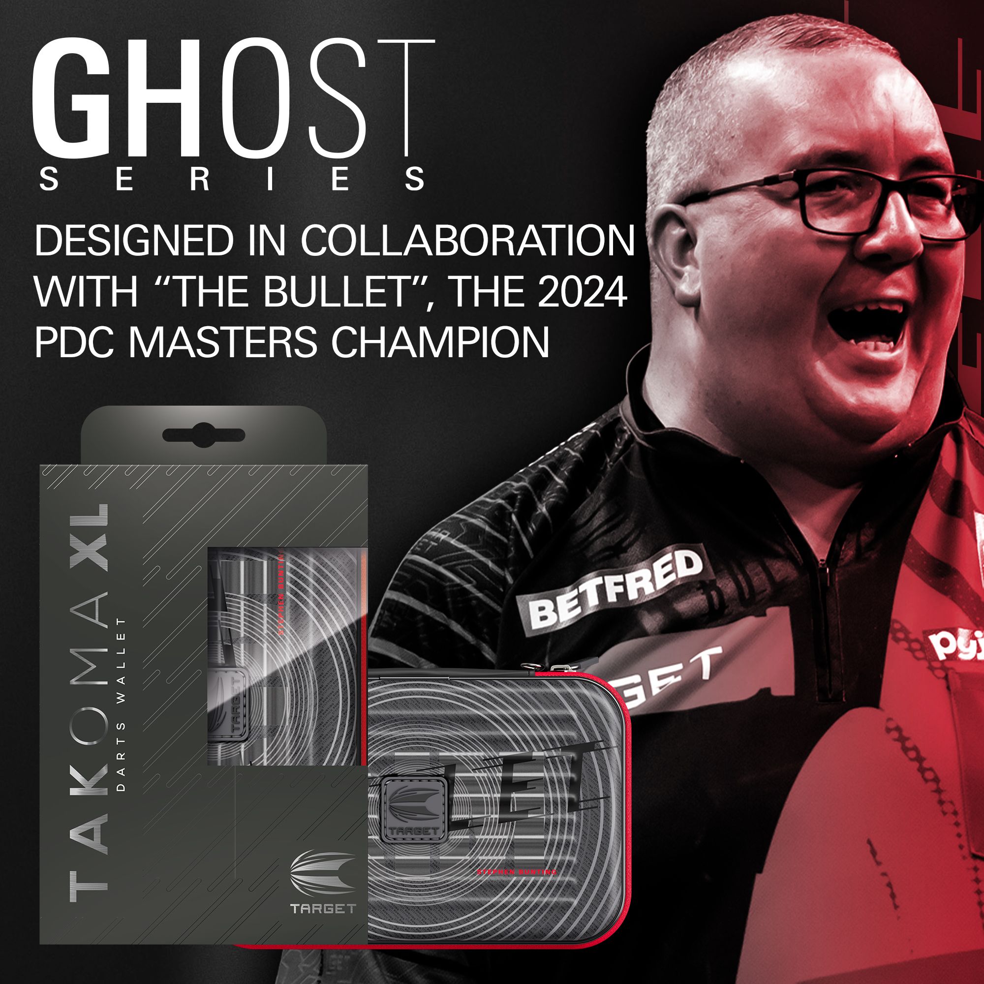 Takoma XL Ghost Series Stephen Bunting darthoesje Zu sehen ist das Takoma XL Ghost Series Stephen Bunting Dartcase. Die Darttasche bietet Schutz und Stil für Dartzubehör von Stephen Bunting.