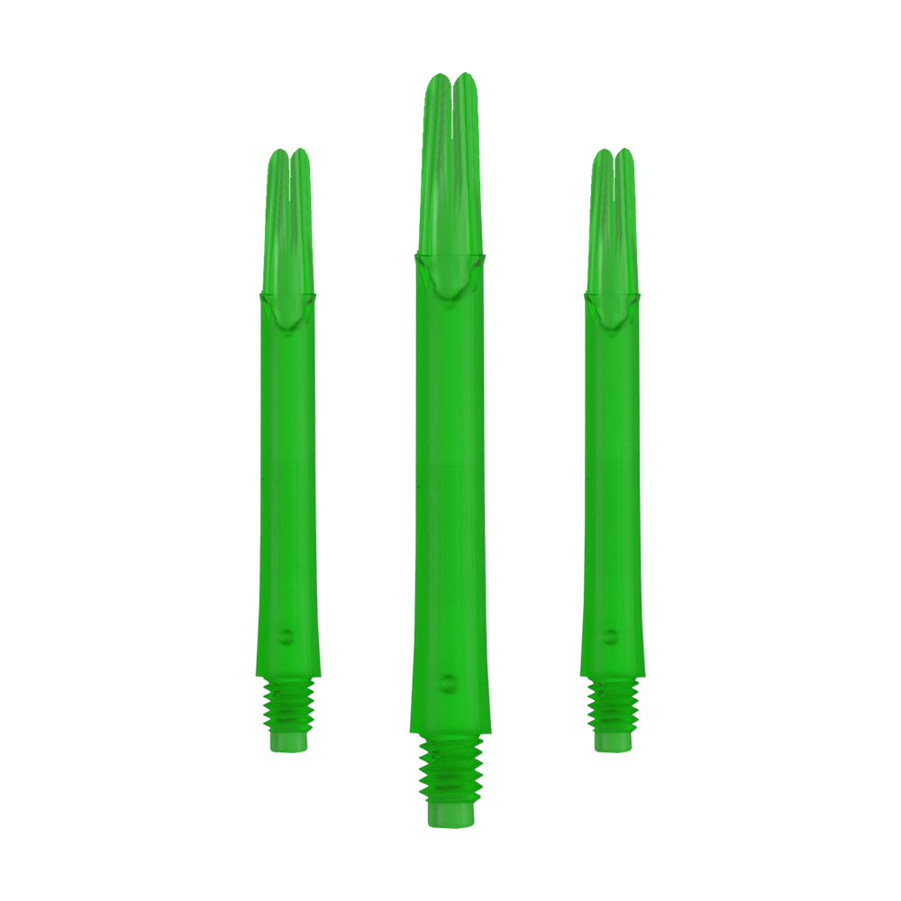L-Style L-schachten vergrendeld recht - Groen Auf dem Bild sind drei grüne, gerade Dartschäfte zu sehen. Sie sind jeweils unten mit einem Gewinde versehen und stehen nebeneinander.