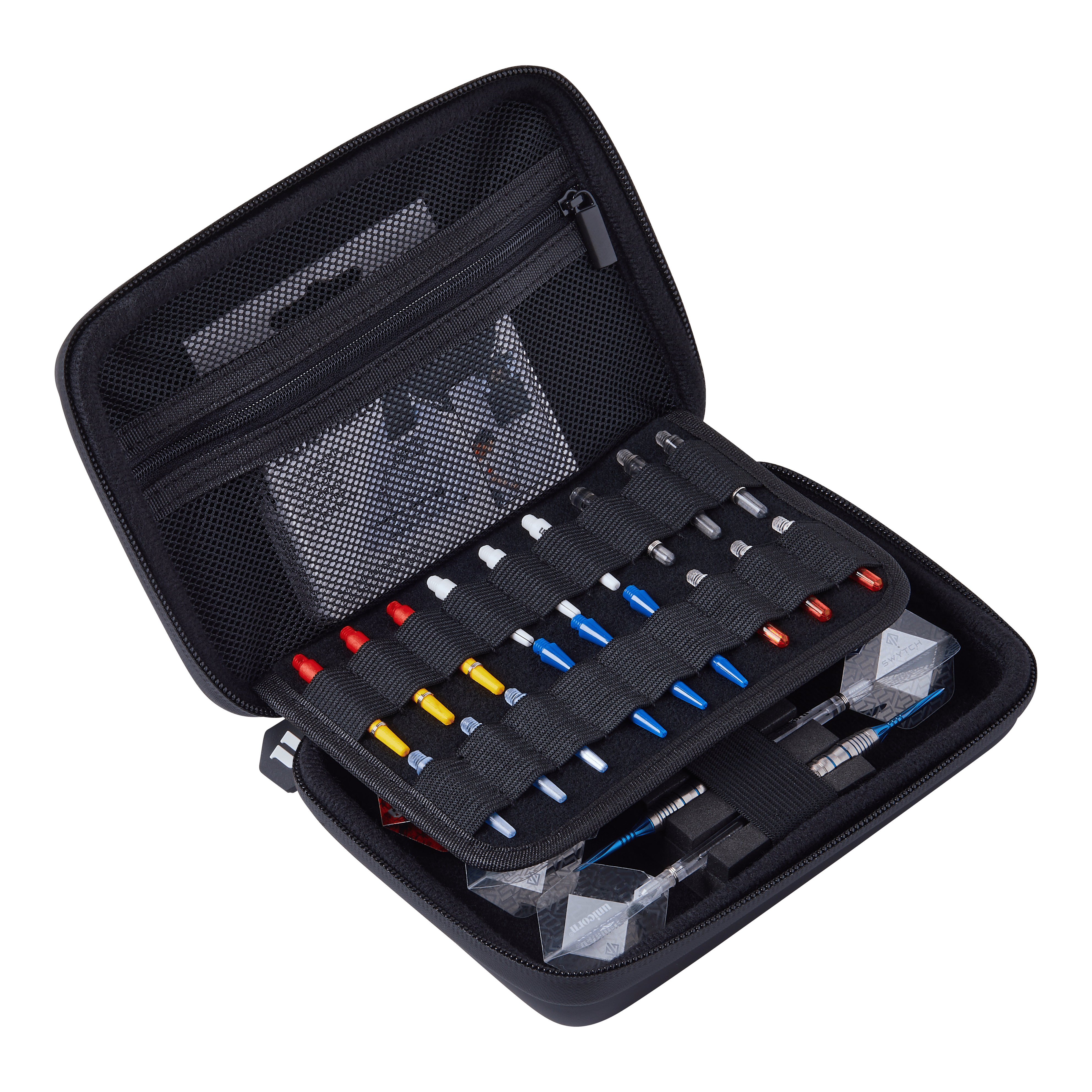 Unicorn Ultra 3UP Medium Dart Case - Zwart Das Bild zeigt das Produkt "Unicorn Ultra 3UP Medium Dartcase - Schwarz". Das Dartcase ist geöffnet und ordentlich mit verschiedenen Dartzubehörteilen und Darts bestückt.