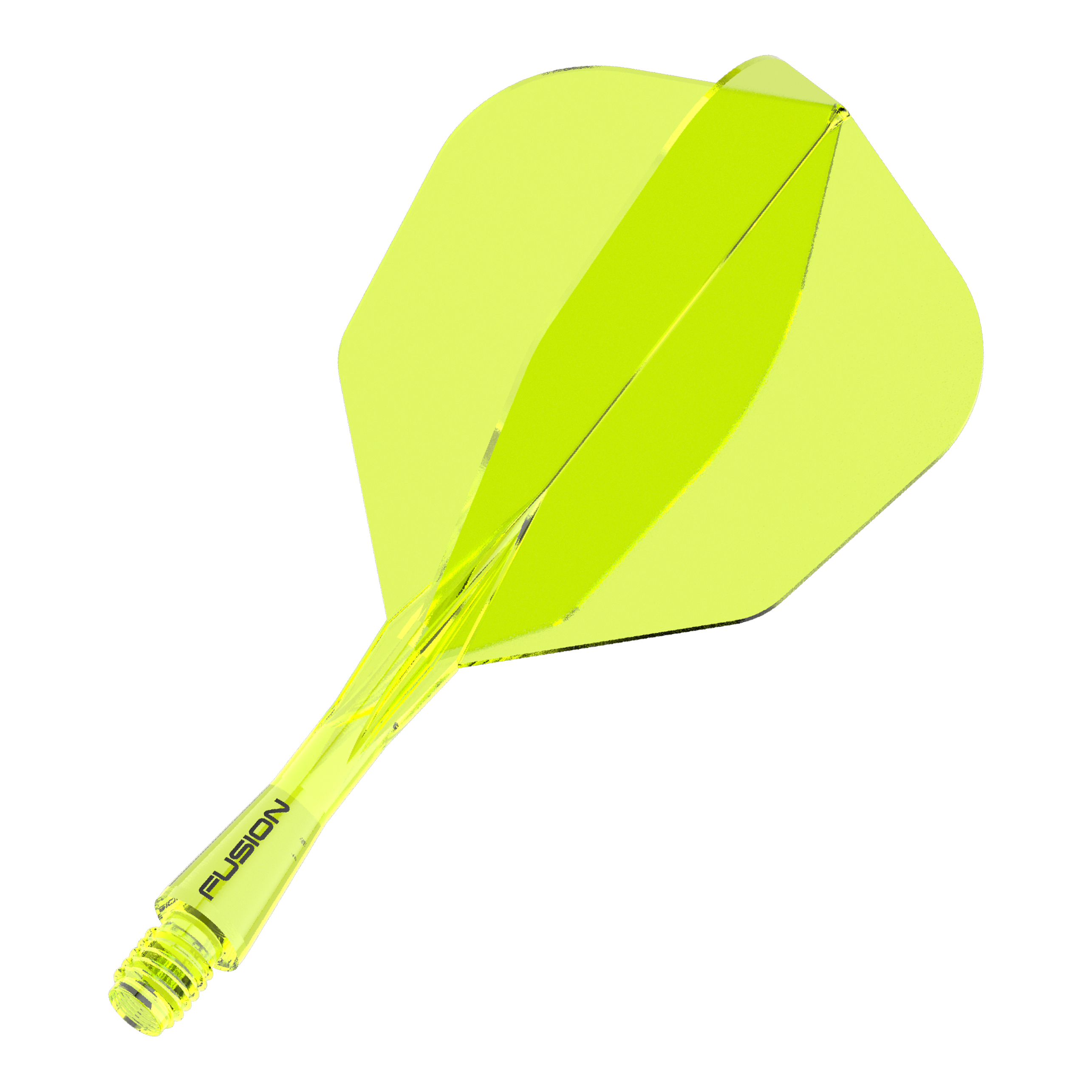 Winmau Fusion Flight Shaft System No6 Neon Geel Das Bild zeigt ein neon-gelbes Dartflight- und Shafts-System. Auf dem Schaft steht das Wort "FUSION".