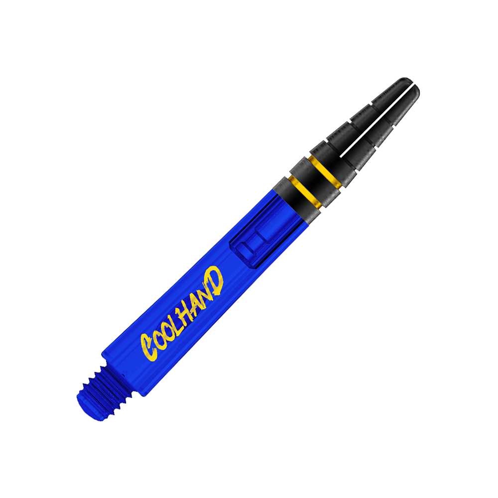 Red Dragon Nitrotech Luke Humphries Coolhand Shafts - Blauw Das Bild zeigt einen blauen Dart-Schaft mit der Aufschrift "COOLHAND" in gelber Schrift. Der Schaft hat am oberen Ende schwarze und gelbe Akzente.