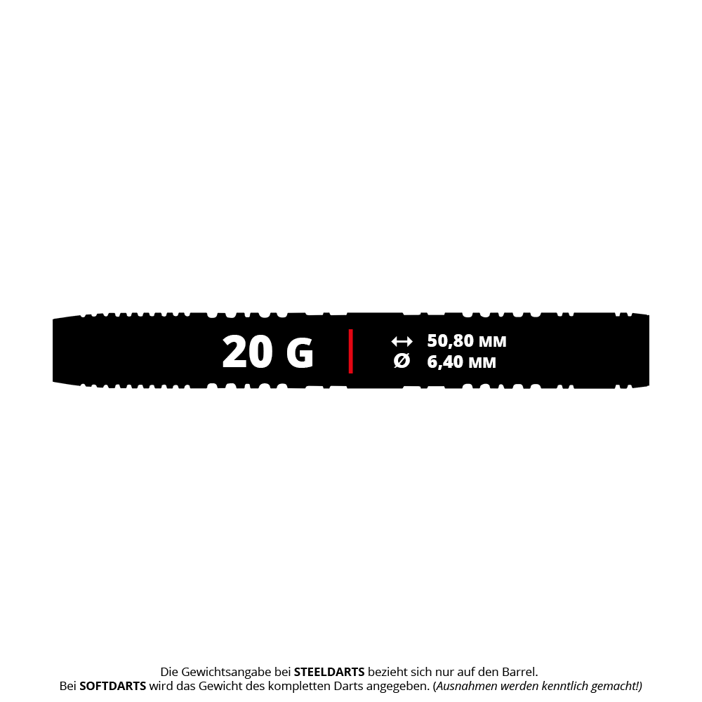 Winmau Xenon Softdarts - 20g Das Bild zeigt die Produktinformation der Winmau Xenon Softdarts mit einem Gewicht von 20 Gramm. Die Darts haben eine Länge von 50,80 mm und einen Durchmesser von 6,40 mm.