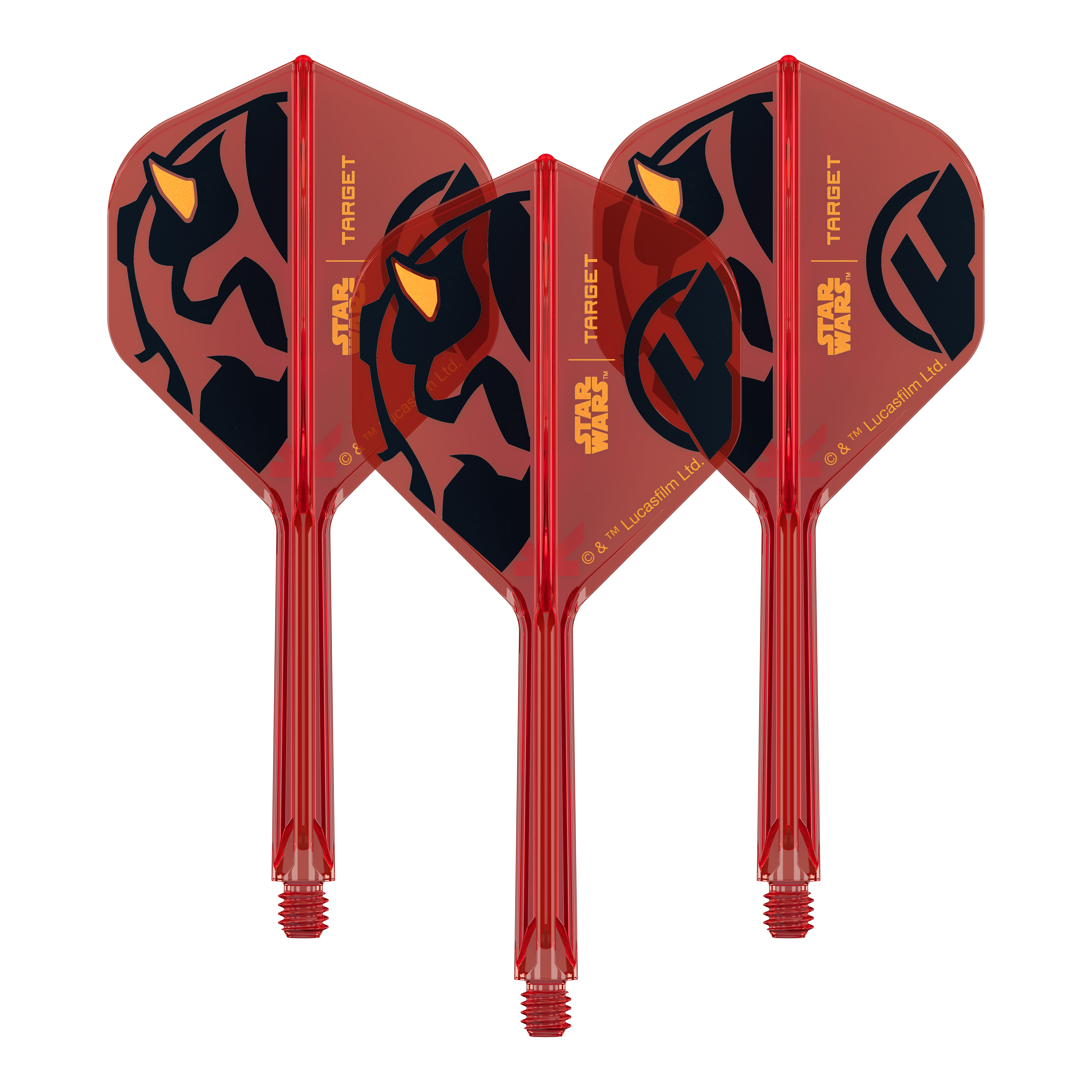 Target Star Wars K-Flex Darth Maul No2 Standaardvluchten Ein Set von Dart-Flights der Star Wars KFlex Darth Maul No2 Serie ist zu sehen. Die Flights sind mittellang und 33 mm groß.