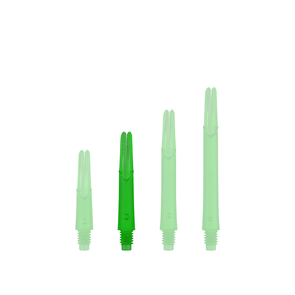 L-Style L-schachten vergrendeld recht - Groen Auf dem Bild sind vier grüne, durchsichtige Kunststoff-Dartschäfte in unterschiedlicher Länge zu sehen. Sie stehen nebeneinander aufrecht auf einem grünen Hintergrund.