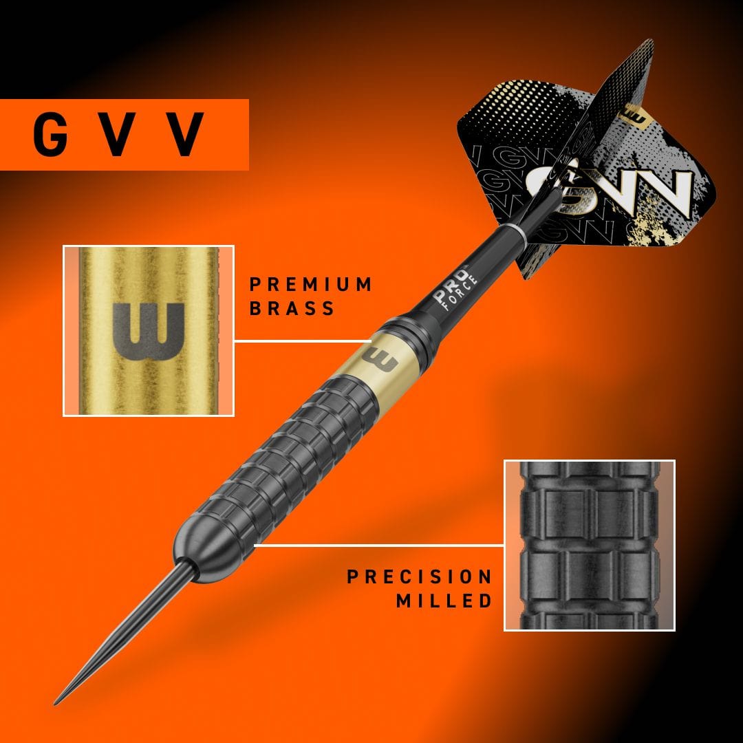 Winmau Gian Van Veen Core Messing Steeldarts - 21g Abgebildet sind Winmau Gian Van Veen Core Brass Steeldarts mit 21 Gramm. Das Foto zeigt den Dartpfeil in voller Länge.