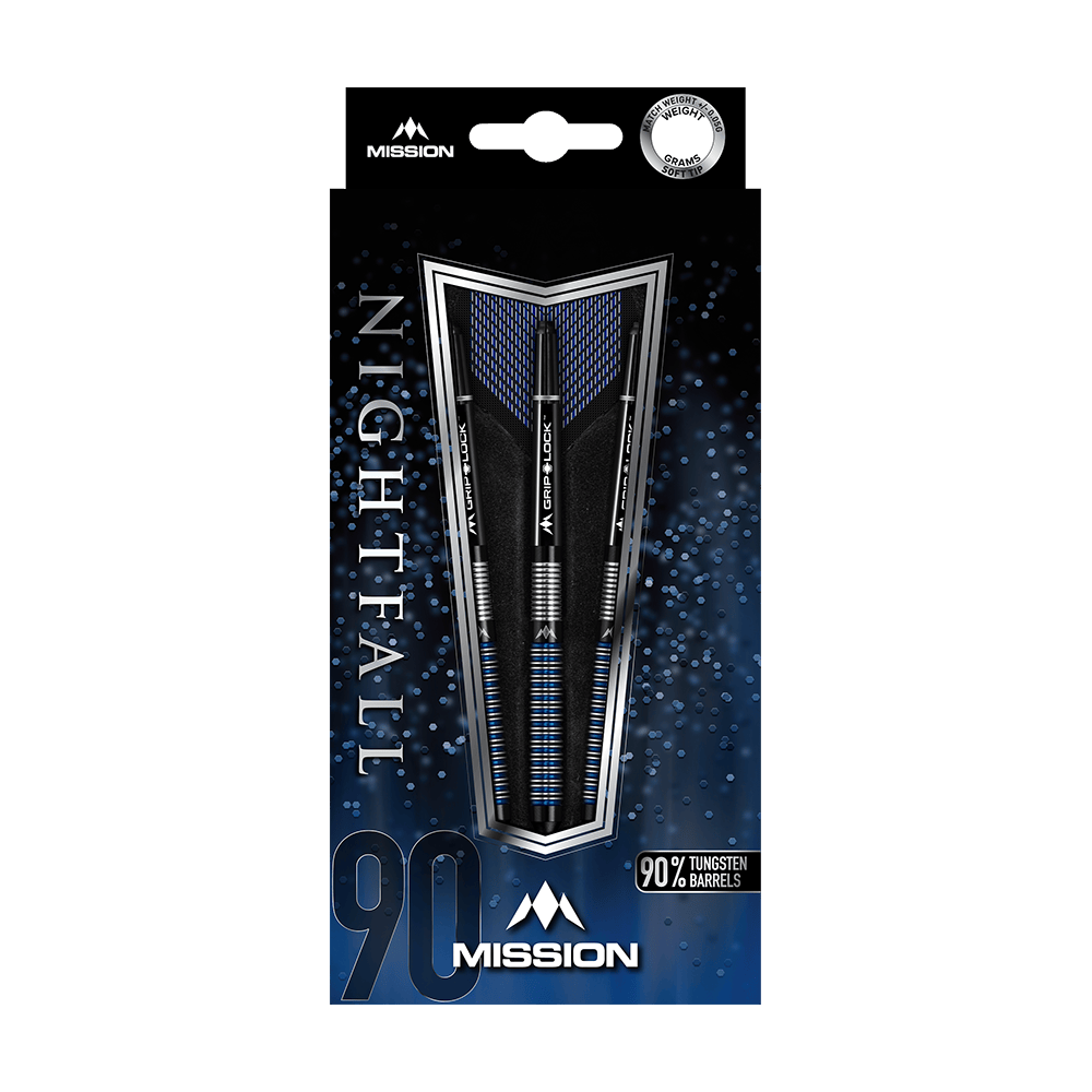 Mission Nightfall Model 1 zachte darts Das Bild zeigt die Verpackung der "Mission Nightfall Model 1 Softdarts". Die Darts bestehen zu 90 % aus Tungsten und sind auf einem dunkelblauen Hintergrund präsentiert.