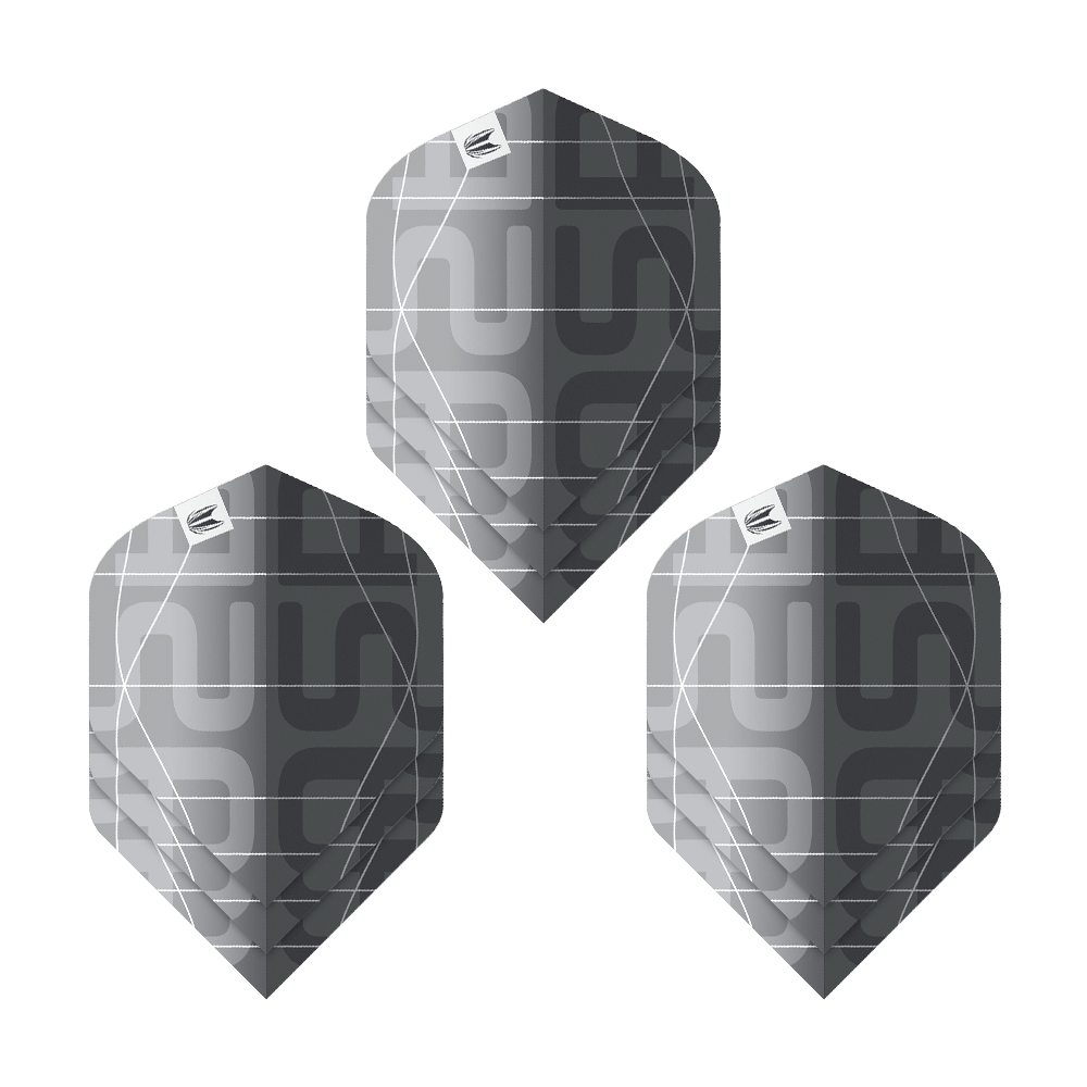 Target Pro Ultra Aspinall X Echo No2 Standaardvluchten - 3 sets Das Bild zeigt drei schwarze und graue Dartflights mit modernem Muster. Es handelt sich um das Produkt "Target Pro Ultra Aspinall X Echo No2 Standard Flights - 3 Sets".