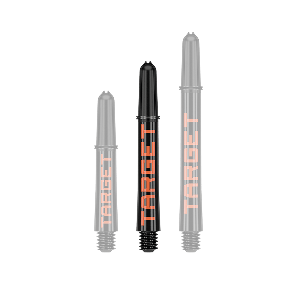 Target Pro Grip TAG Shafts - 3 sets - Zwart Oranje Auf dem Bild sind drei schwarze Dartschäfte in unterschiedlicher Länge zu sehen. Auf jedem Schaft steht in orangefarbenen Buchstaben das Wort "TARGET".
