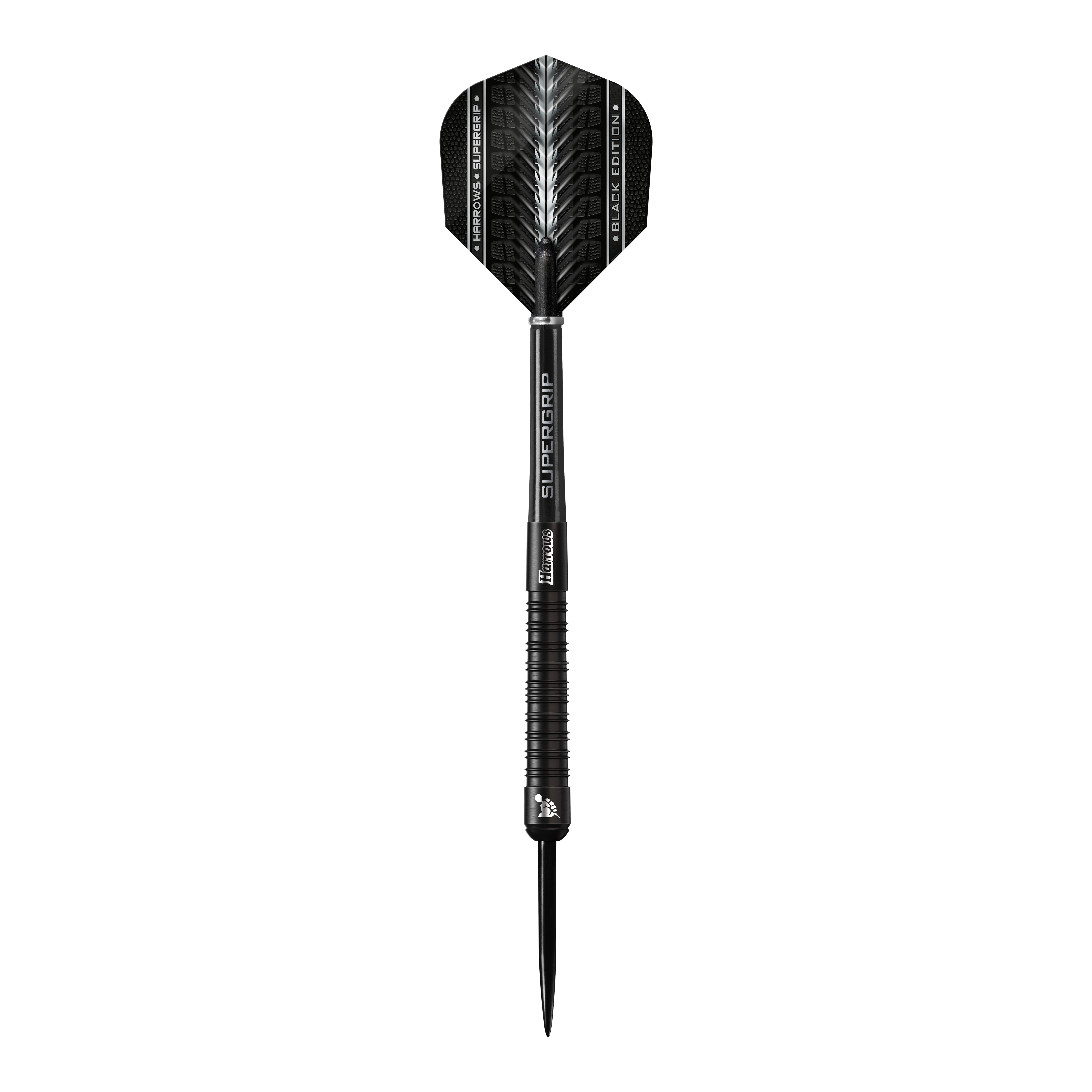 Harrows Supergrip Black Edition stalen darts Das Bild zeigt einen schwarzen Steeldart der Marke Harrows Supergrip Black-Edition. Der Dart hat ein elegantes, komplett schwarzes Design mit feinen silbernen Akzenten.
