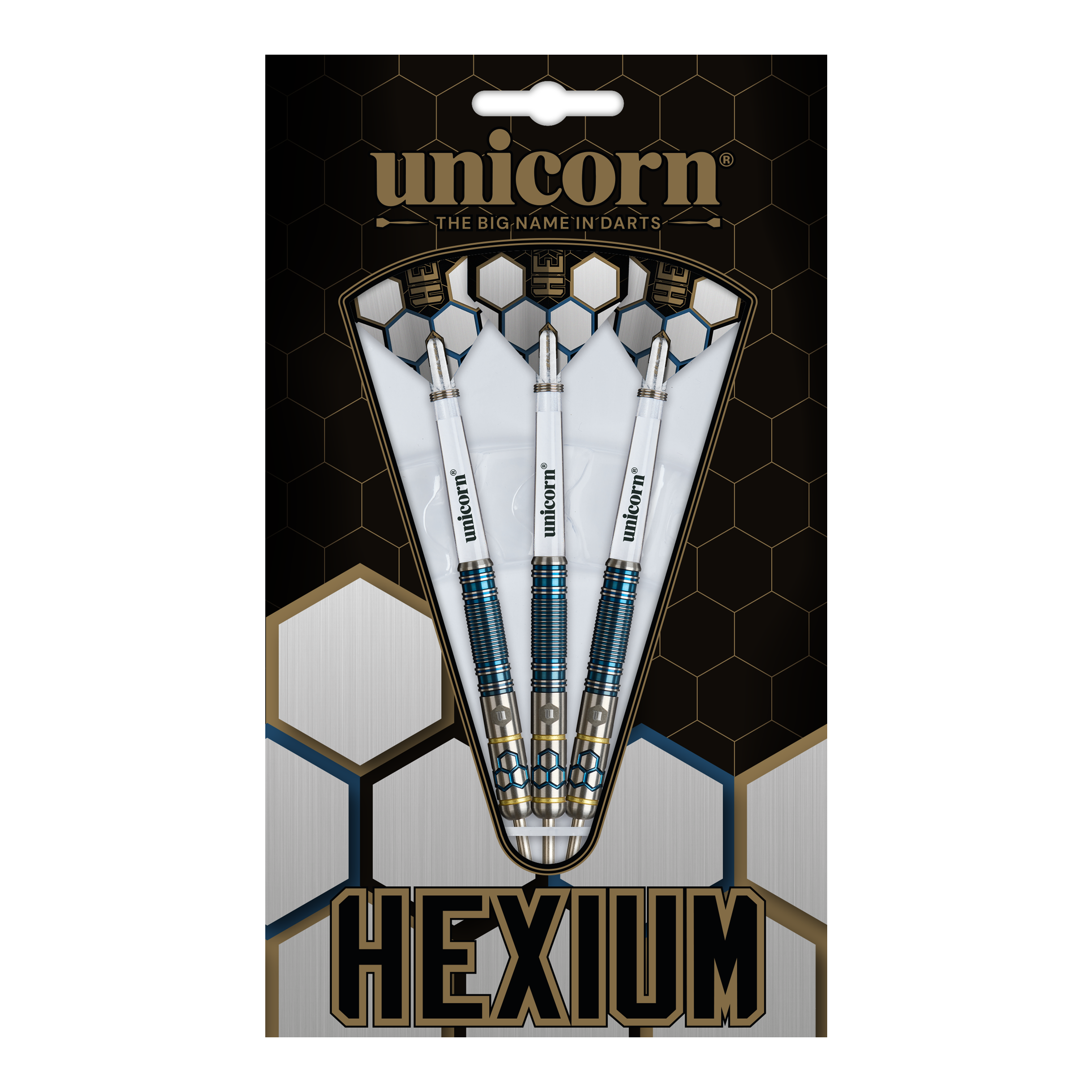 Unicorn Hexium Style 02 Blauw & Goud Steeldarts Das Bild zeigt die Unicorn Hexium Style 02 Blue & Gold Steeldarts. Die Darts sind in Blau und Gold designt.
