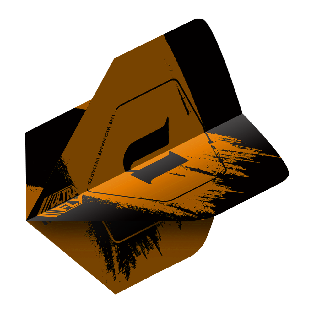 Unicorn Ultrafly 100 Team Unicorn Big Wing Vluchten - Oranje Das Bild zeigt ein orangefarbenes Dart-Flight mit schwarzem Muster und dem Schriftzug „ULTRAFLY“. Das Produkt ist das „Unicorn Ultrafly 100 Team Unicorn Big Wing Flights – Orange“.