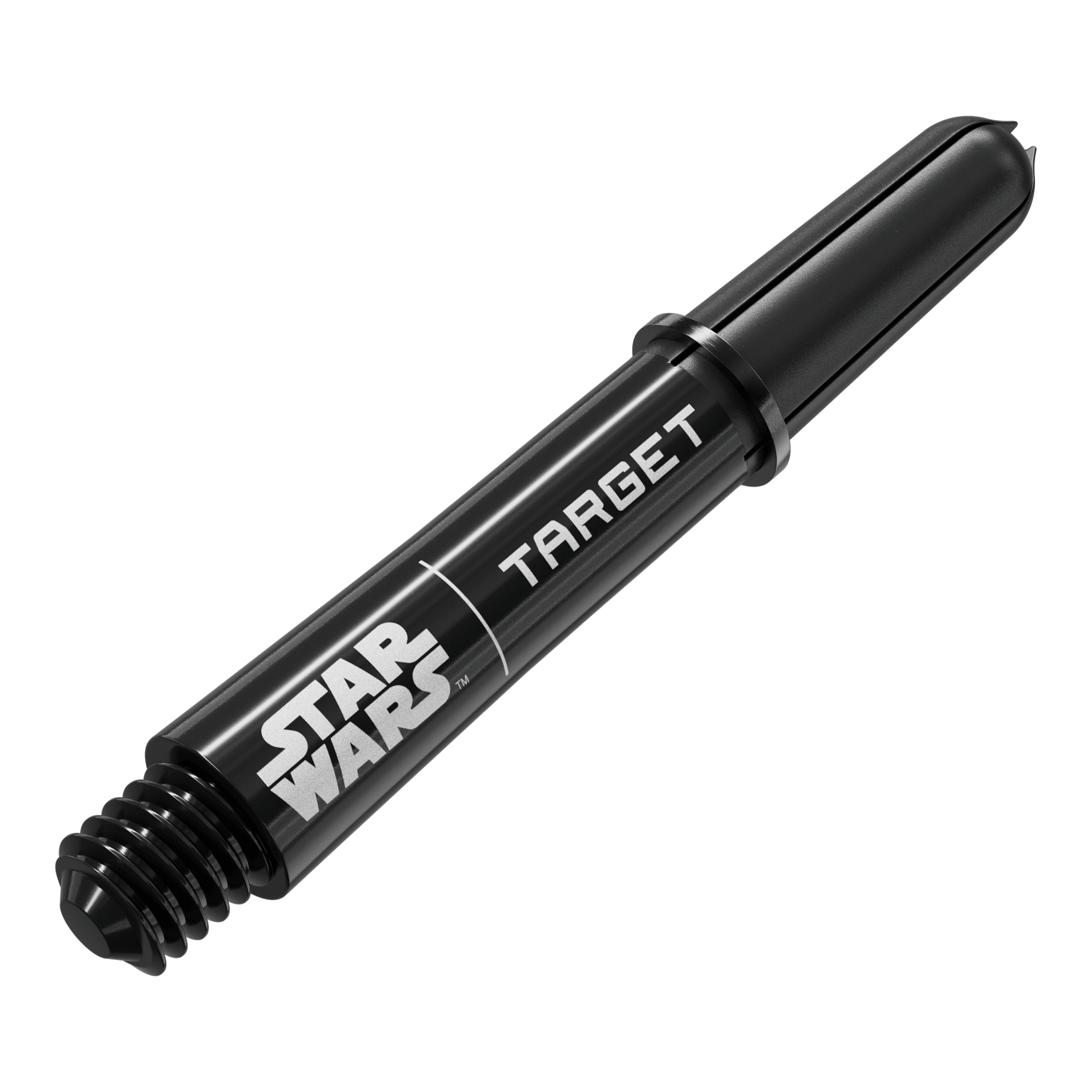 Target Star Wars ProGrip Shafts - Zwart Das Bild zeigt das Produkt mit dem Dateinamen 380420_Target_StarWars_ProGrip_Shafts_Schwarz_Short_34mm_2. Es handelt sich wahrscheinlich um schwarze, kurze Dartshafts mit Star Wars-Design.