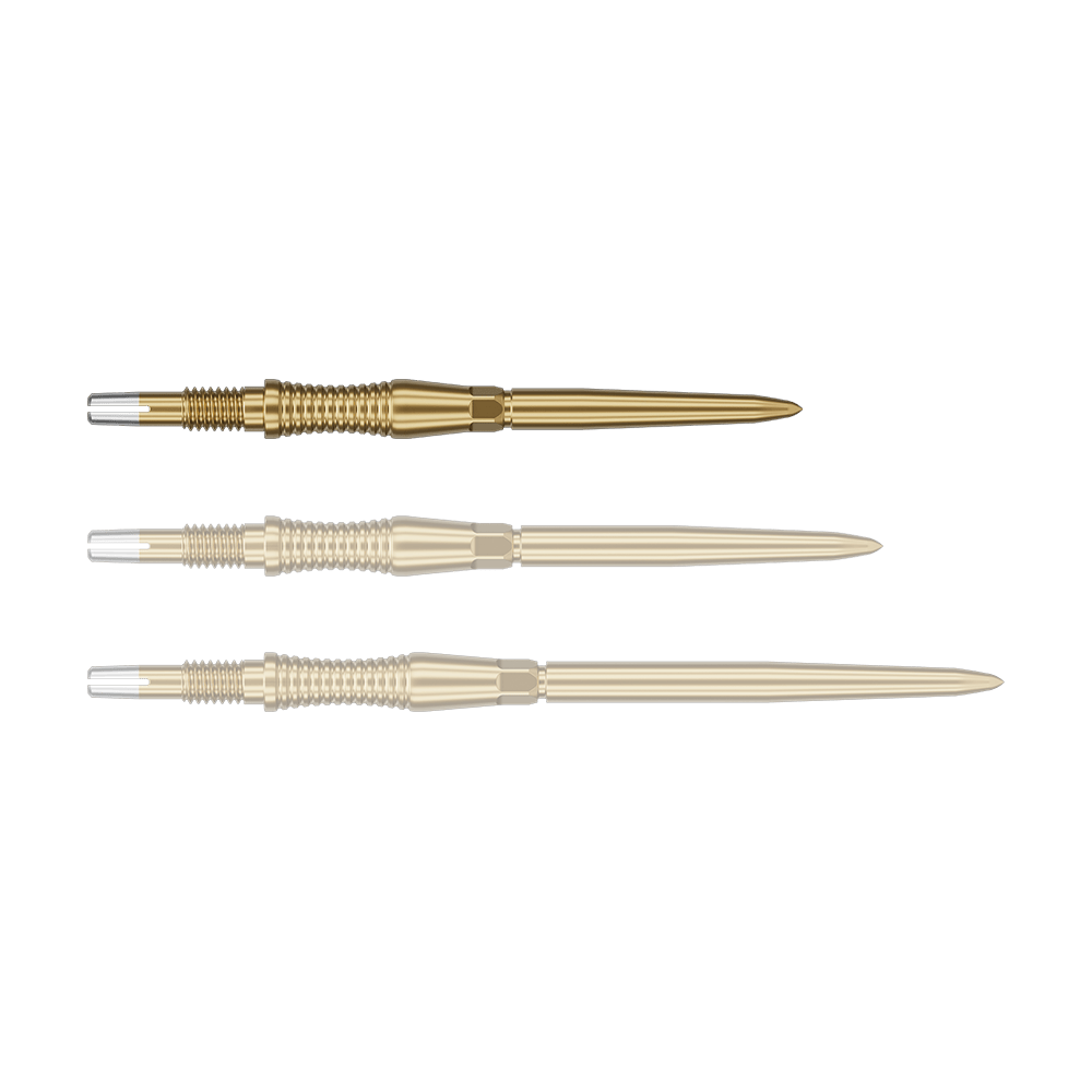 Target Swiss Point Dartpunten Signature RST - Goud Das Bild zeigt eine Darts-Spitze von Target in Gold, vermutlich aus der Swiss Point Signature RST Serie mit 30mm Länge. Die Spitze hat ein detailliertes Design und reflektiert das Licht.