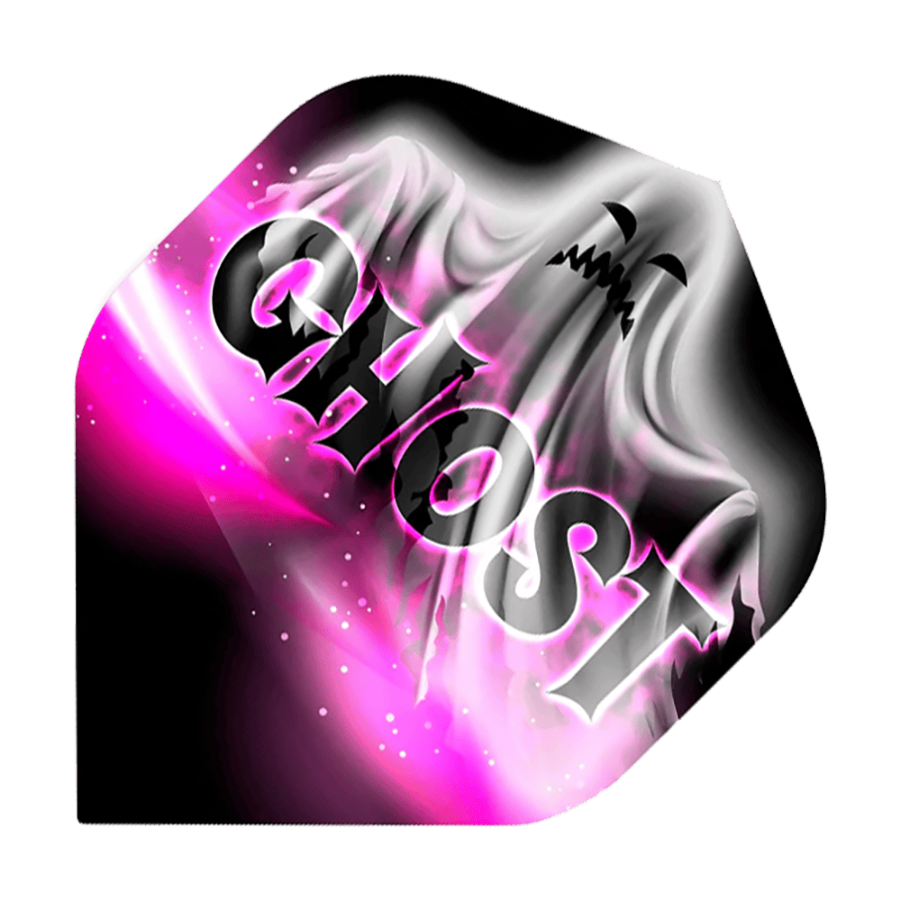 Mission Solo Bailey Marsh No2 Standaardvluchten Das Bild zeigt ein Dartflight mit einem Geistermotiv und dem Wort "GHOST" groß darüber geschrieben. Die Farben sind hauptsächlich Schwarz, Weiß und Pink.