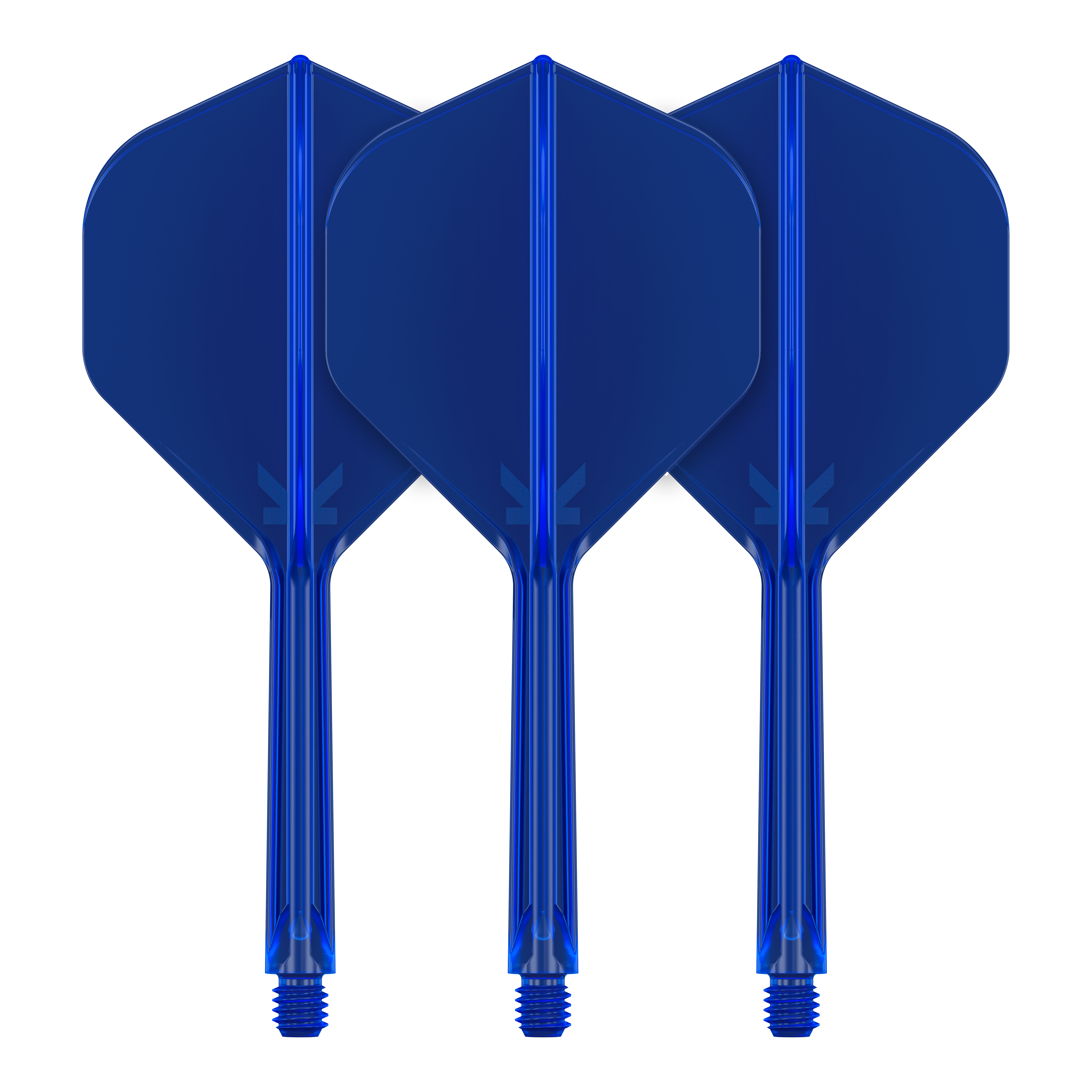 Target K-Flex No2 Standaard Vluchtsysteem - Blauw Auf dem Bild sind drei blaue Dart-Flights mit Schaft zu sehen. Sie stehen nebeneinander und haben eine standardisierte Form.