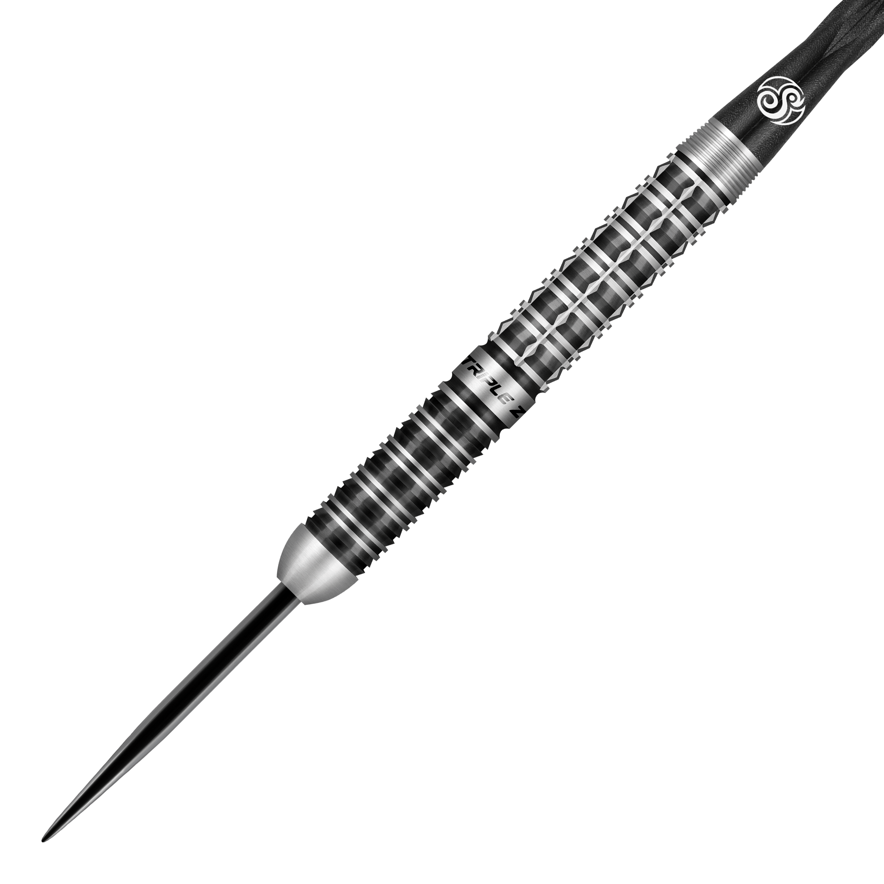 Shot van Niels Zonneveld V2 stalen darts Das Bild zeigt einen Shot Niels Zonneveld V2 Steeldart. Der Dart hat ein silber-schwarzes, geriffeltes Design für besseren Halt.