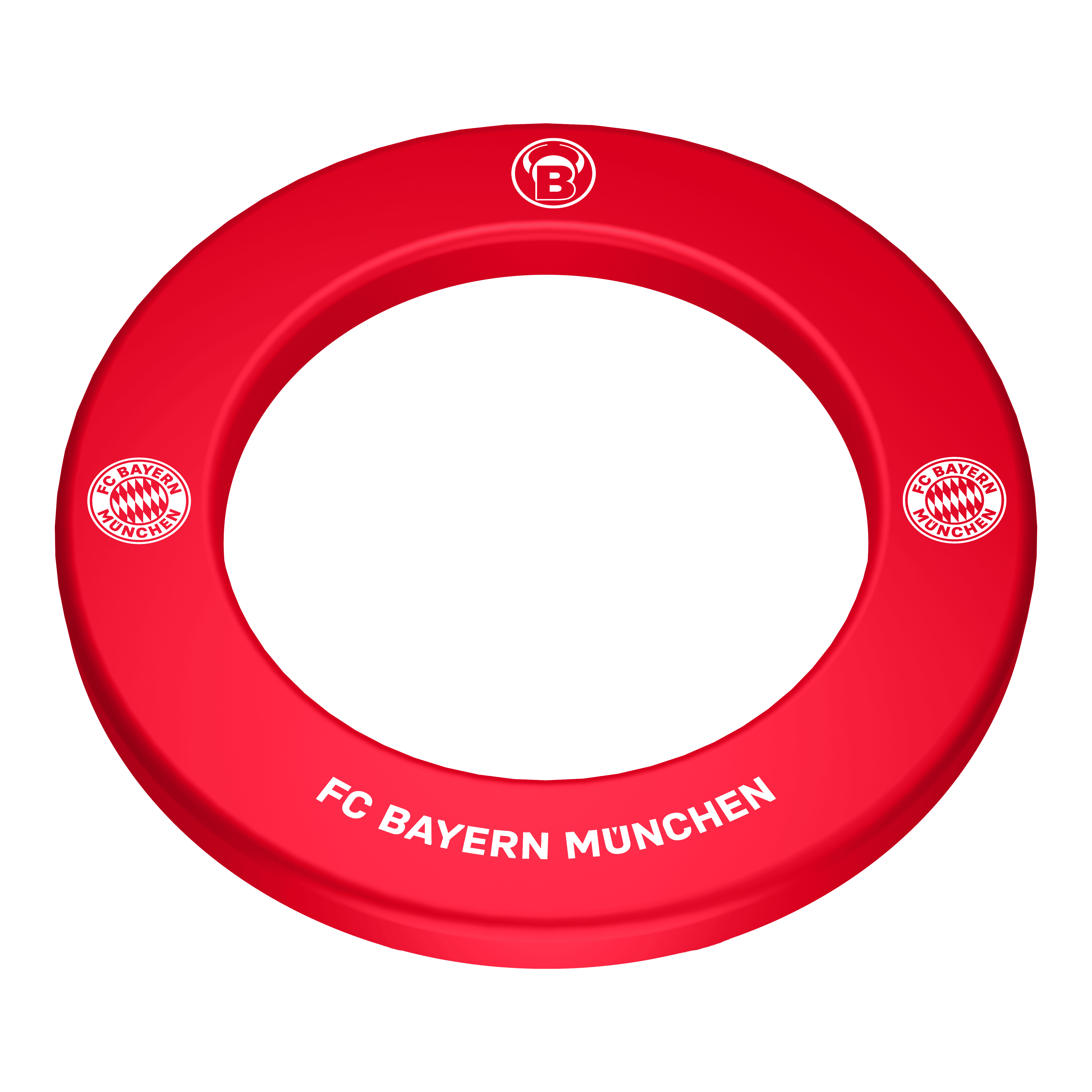 Bulls FC Bayern München Premium dartbordrand Das Bild zeigt das Bulls FC Bayern München Premium Dartboard Surround. Es handelt sich um eine hochwertige Umrandung für ein Dartboard im Design des FC Bayern München.