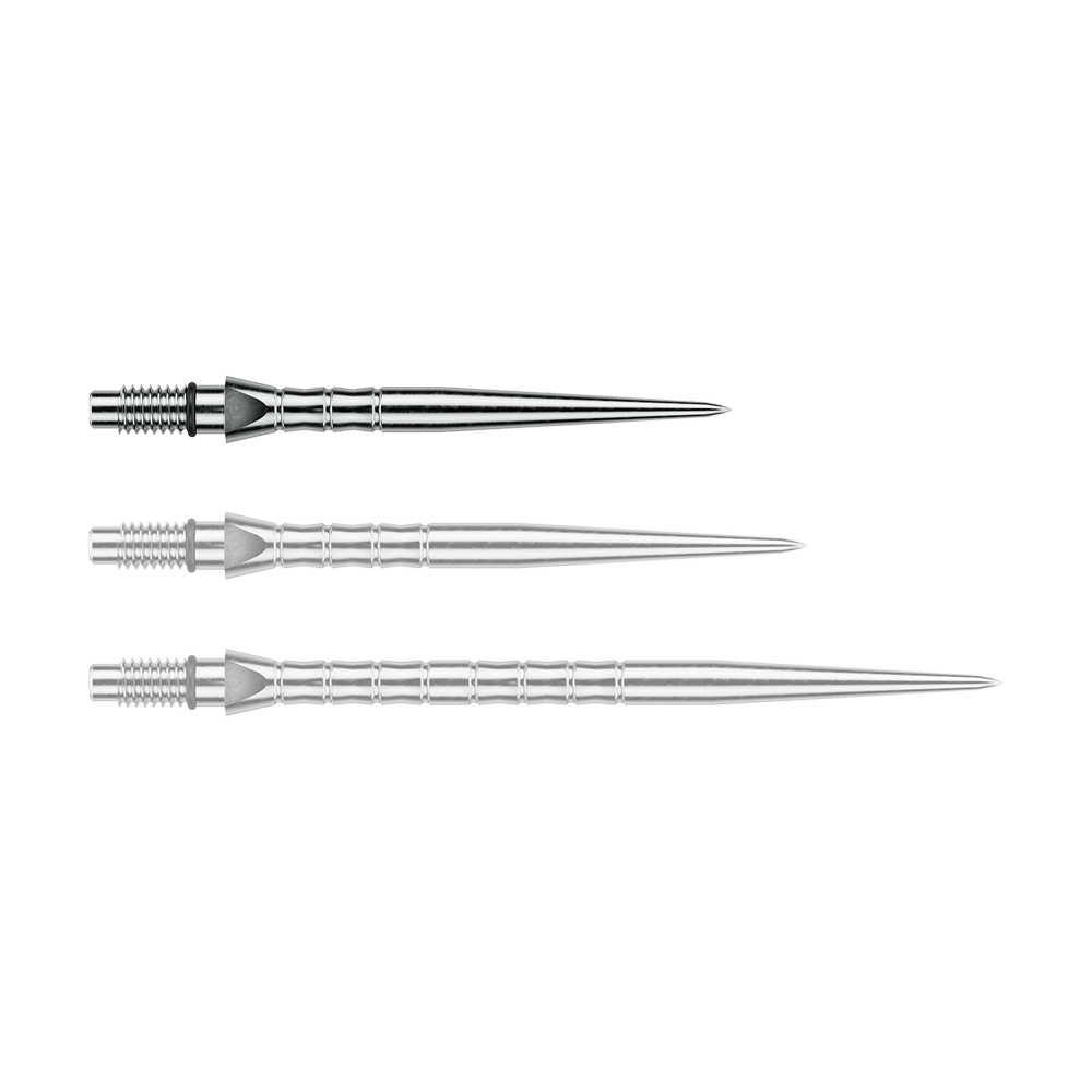Winmau Switch Point Wave stalen dartpunten - Zilverkleurig effect Das Foto zeigt Winmau Switch Point Wave Silver Effect Steeldartspitzen mit 26 mm. Die silberfarbenen Steeldartspitzen sind in der Nahaufnahme sichtbar.