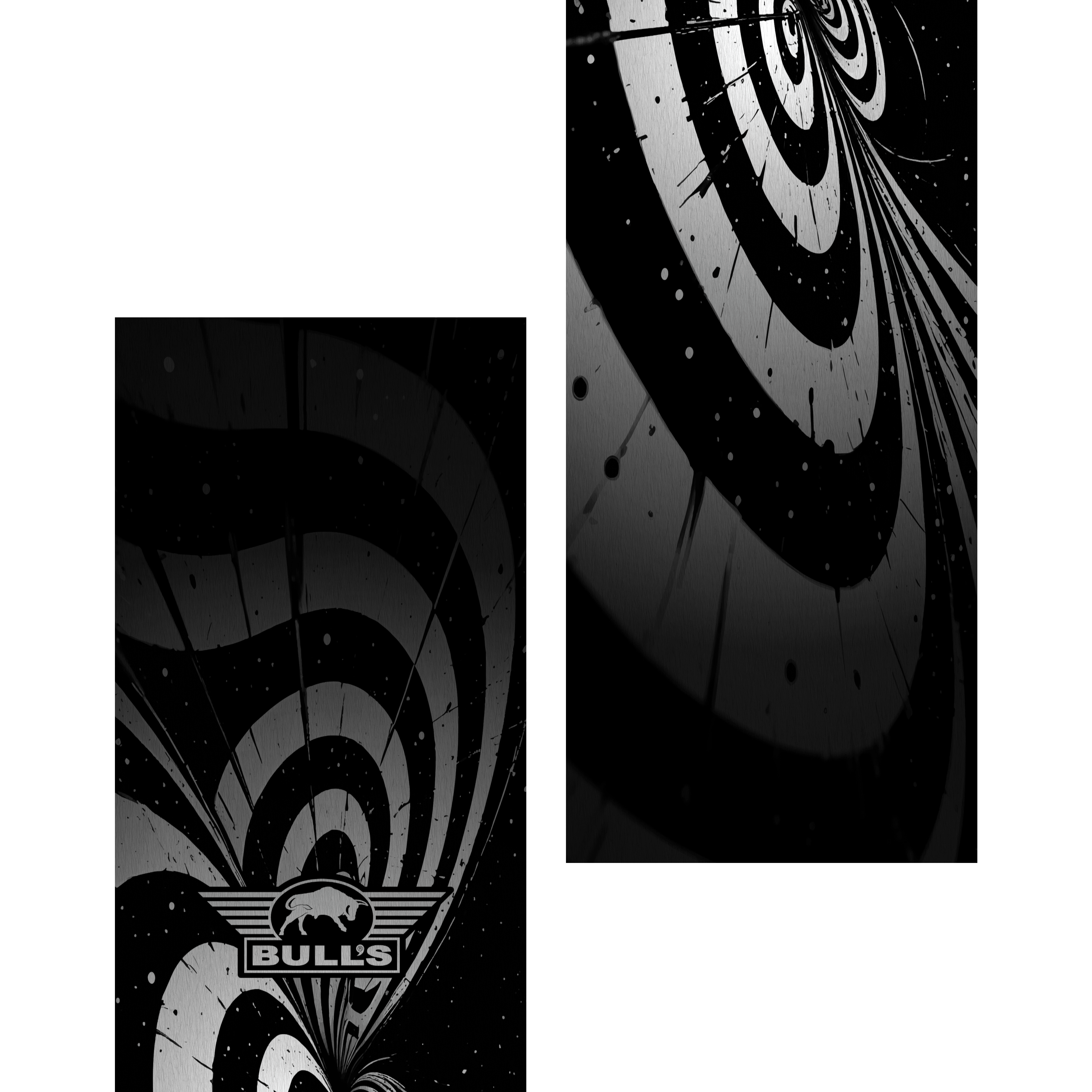 Bulls NL Illusion Black White Dartteppich Das Bild zeigt den "Bulls NL Illusion Black White Dartteppich" mit einem auffälligen, schwarz-weißen Kreismuster. Unten ist das Logo von BULL'S mit einem stilisierten Stier zu sehen.