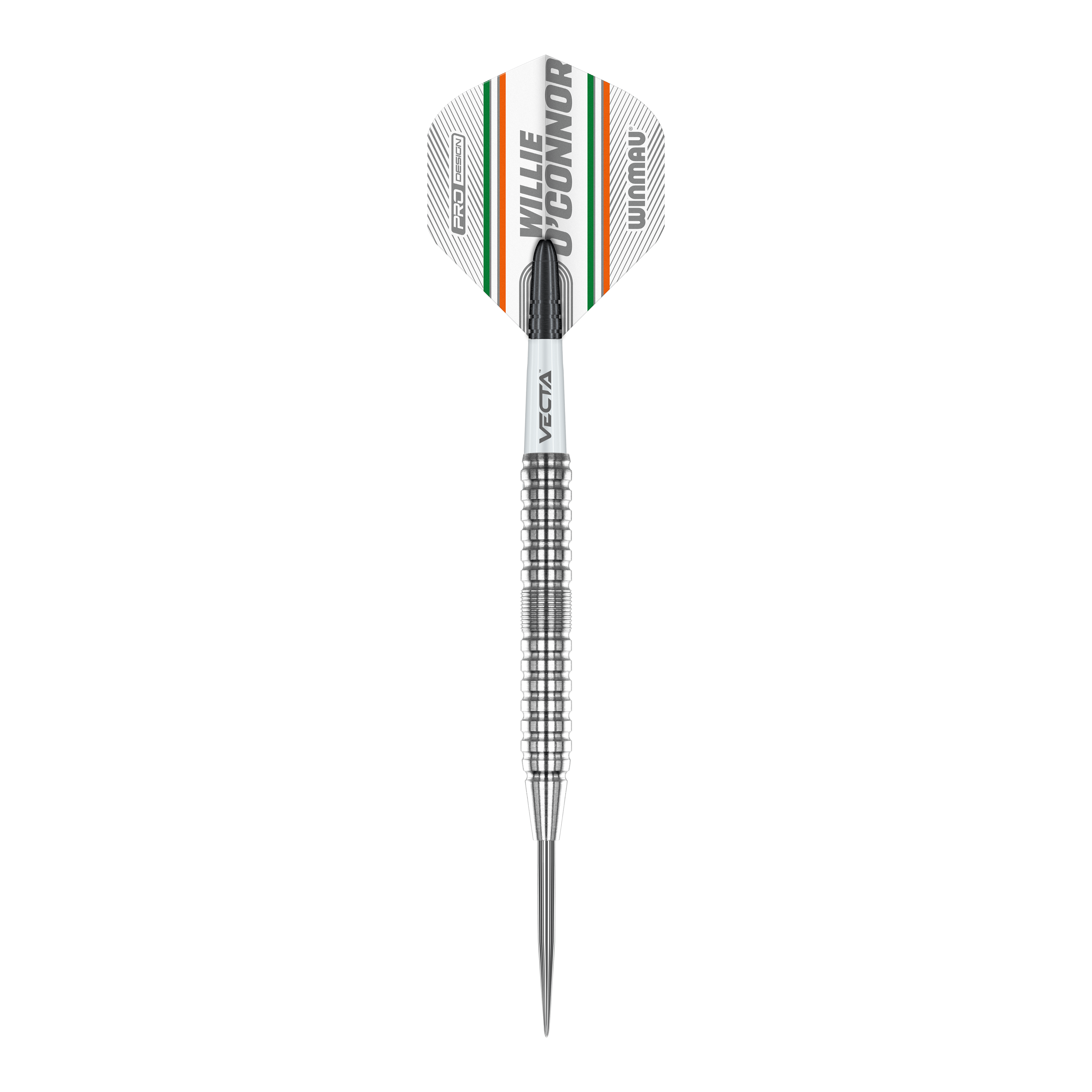 Winmau Willie O'Connor Steel Darts - 23g Das Bild zeigt einen Winmau Willie O'Connor Steeldart mit 23g Gewicht. Der Dart hat ein silbernes, geriffeltes Barrel und ein Flight mit orangenen, grünen und schwarzen Streifen.