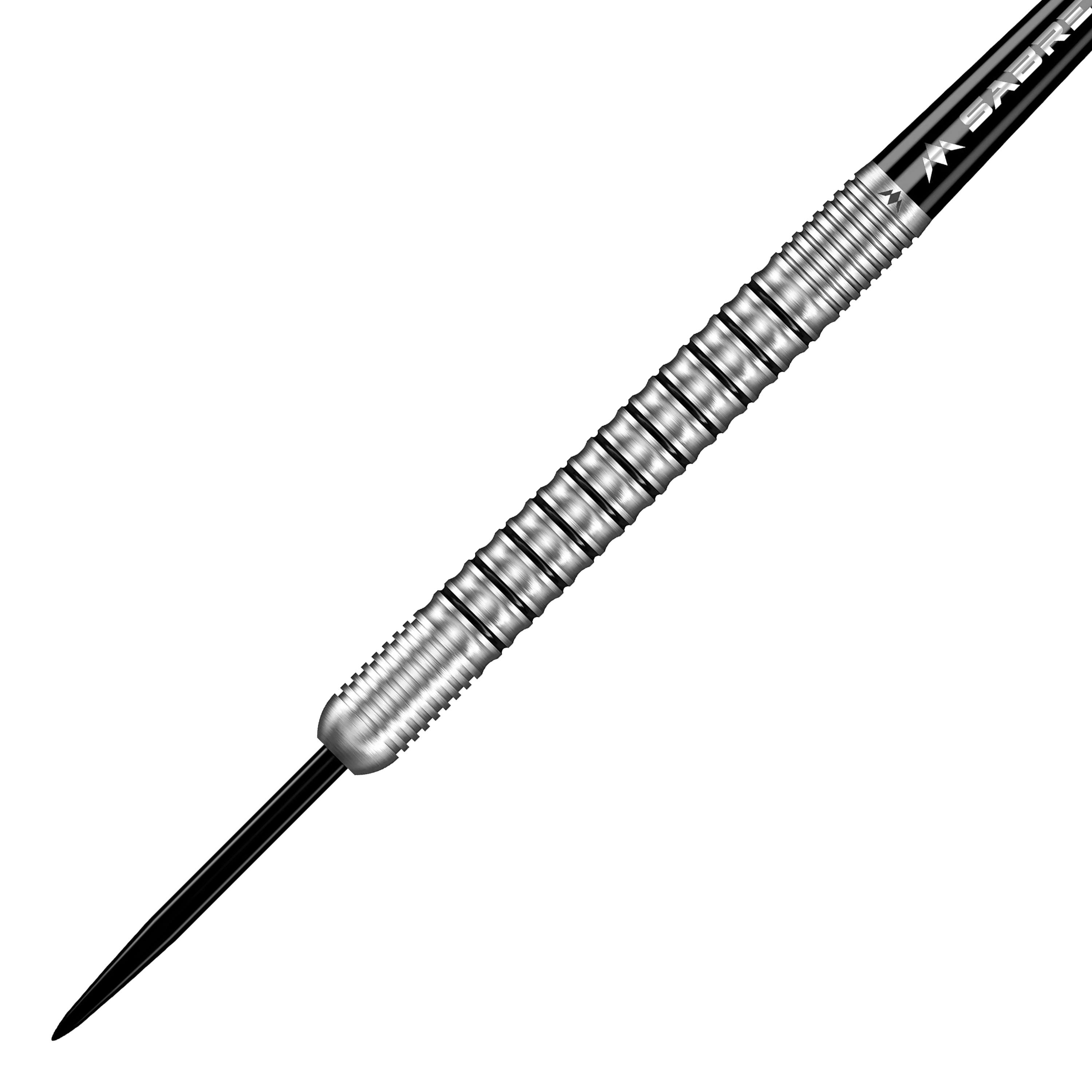 Missie Dominik Grüllich Steeldarts Dieses Bild zeigt einen Mission Dominik Grüllich Steeldart mit einem Gewicht von 23,5 Gramm. Der Dart ist aus silberfarbenem Metall und hat ein geriffeltes Griffstück.