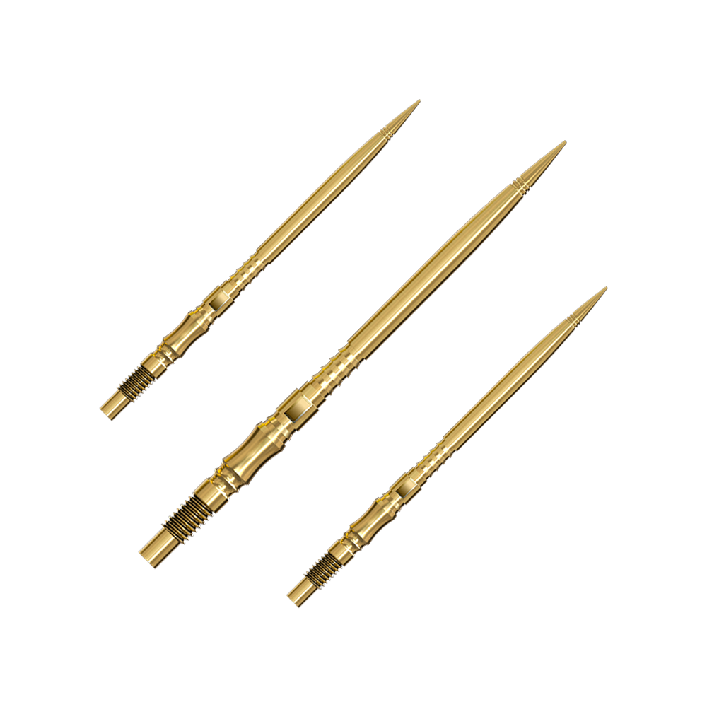 Harrows Quick Point Axis Elite Series dartpunten - Goud Ein Set von mehreren goldfarbenen Dartspitzen liegt nebeneinander. Die Spitzen sind gut sortiert und übersichtlich angeordnet.