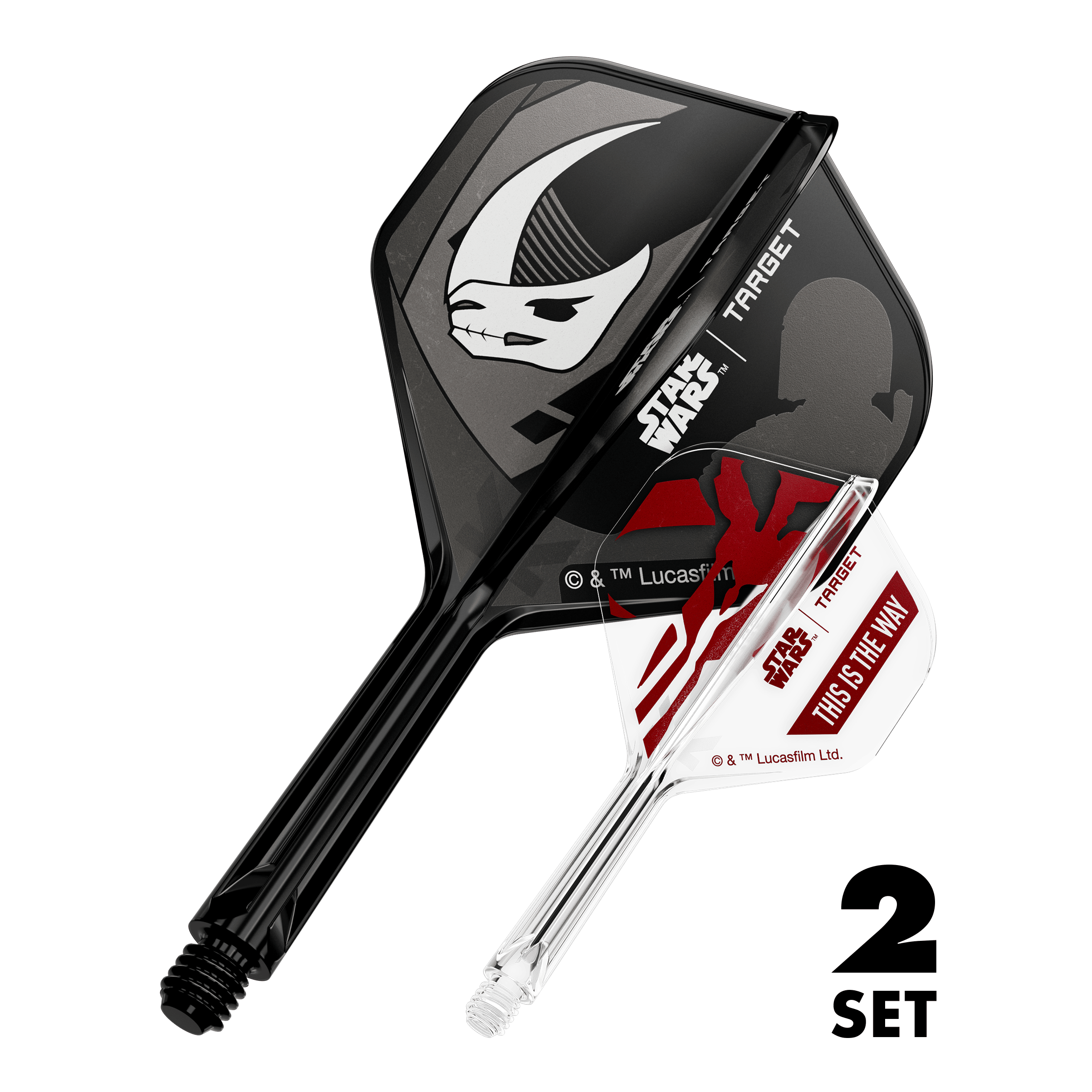 Target Star Wars K-Flex Set Mandalorian No2 Standaard Flights Das Bild zeigt das Produkt mit dem Dateinamen 410621_Target_StarWars_K-Flex_Mandalorian_2PackSet_No2_Standard_Flights_26mm_1. Es handelt sich vermutlich um Dartzubehör mit Star Wars Mandalorian Motiv.