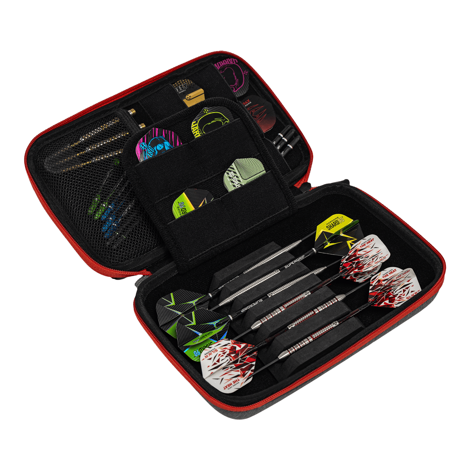 Harrows Smart Case XL dart portemonnee In diesem Bild ist ein offenes Dart-Etui zu sehen, das mehrere Darts und Zubehörteile enthält. Das Etui ist schwarz mit rotem Rand und bietet verschiedene Fächer für Flights und Ersatzteile.