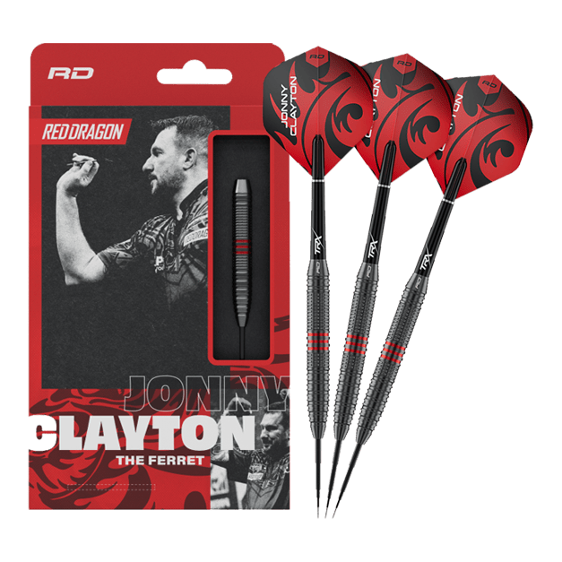 Red Dragon Jonny Clayton Core Brass Steeldarts - 21 g Dieses Bild zeigt die Red Dragon Jonny Clayton Core Brass Steeldarts - 21g in voller Länge. Die Darts haben goldene Rillen und rote sowie schwarze Details am Flight.