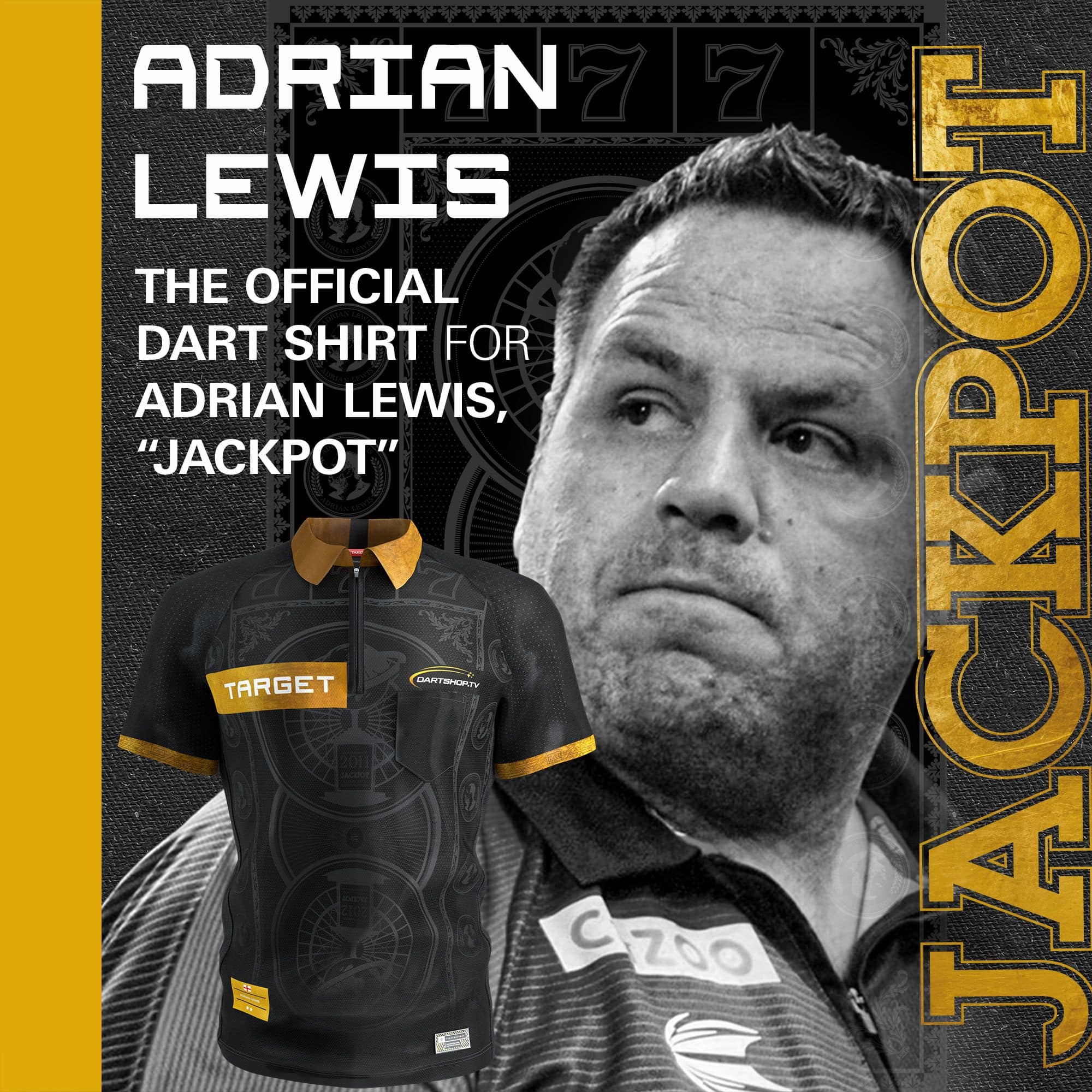 Target Adrian Lewis dartshirt 2026 Das Bild zeigt das Target Adrian Lewis Dartshirt 2026. Dieses Shirt ist für Darts-Fans und Sammler konzipiert.