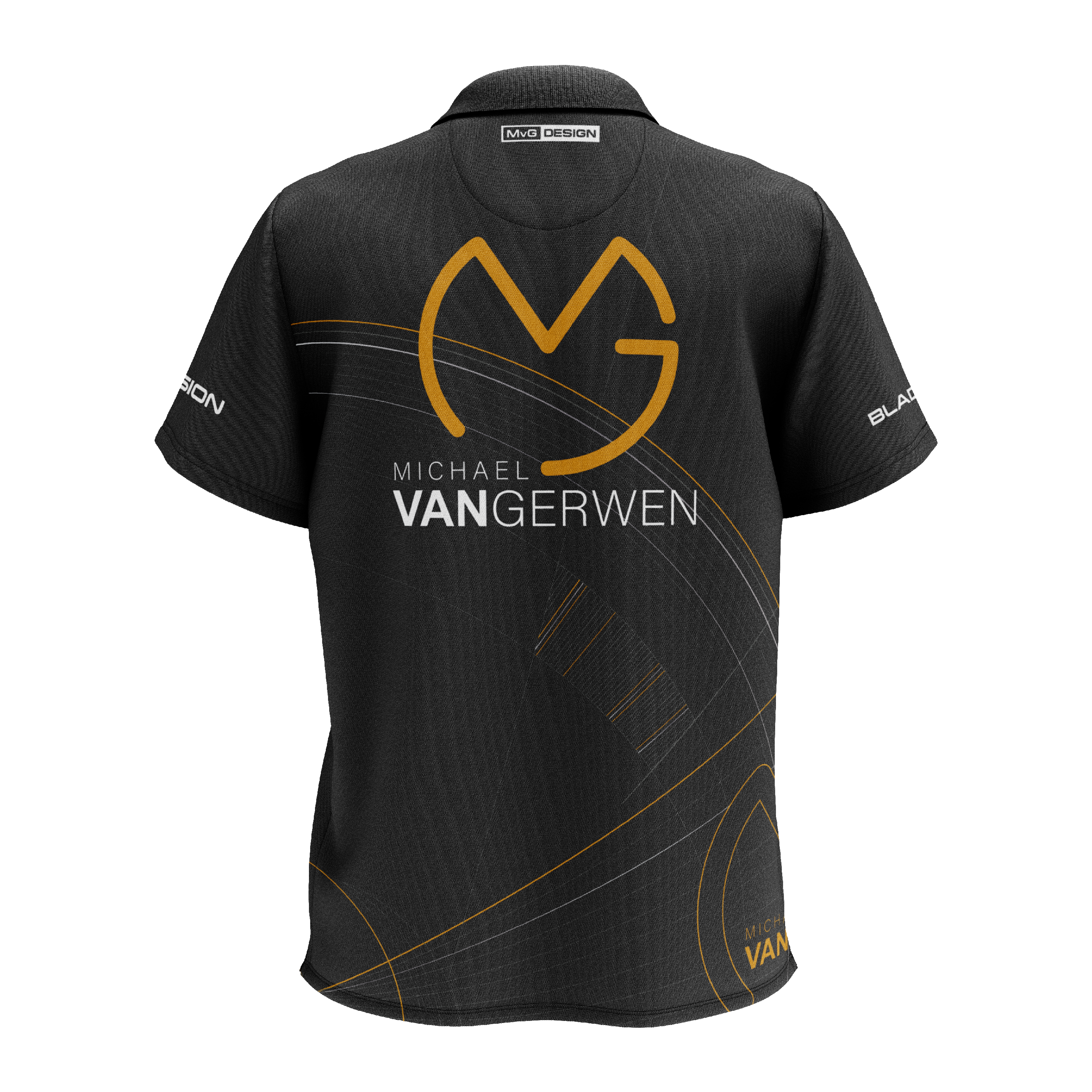 Winmau Limited Edition Tour-polo-dartshirt Das Bild zeigt ein schwarzes Dartshirt mit goldenen und weißen Akzenten. Auf der Rückseite steht "Michael van Gerwen" zusammen mit einem großen, stilisierten "MVG"-Logo.